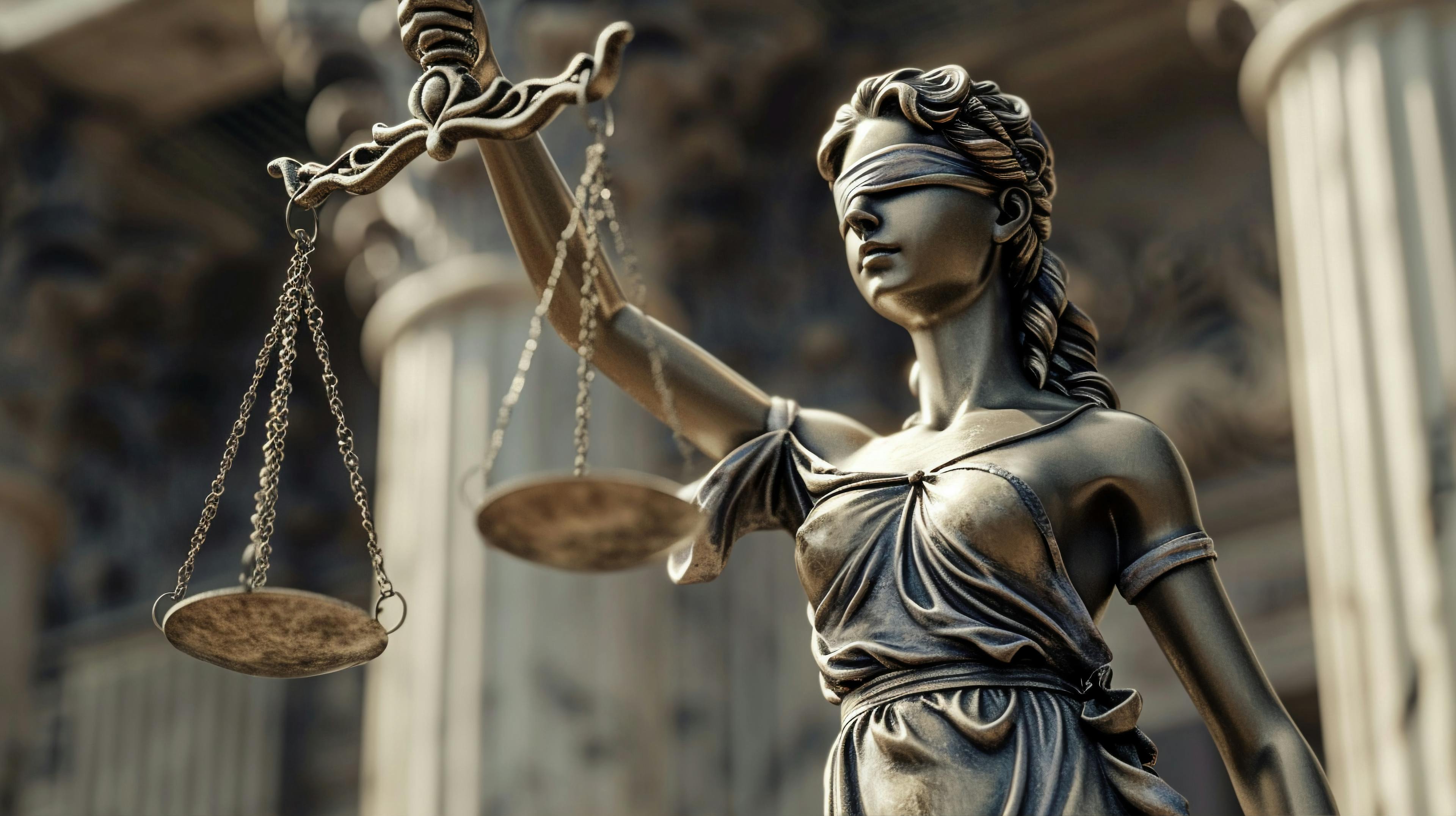 Blindfolded Lady Justice with scales and pillar or courtroom as background