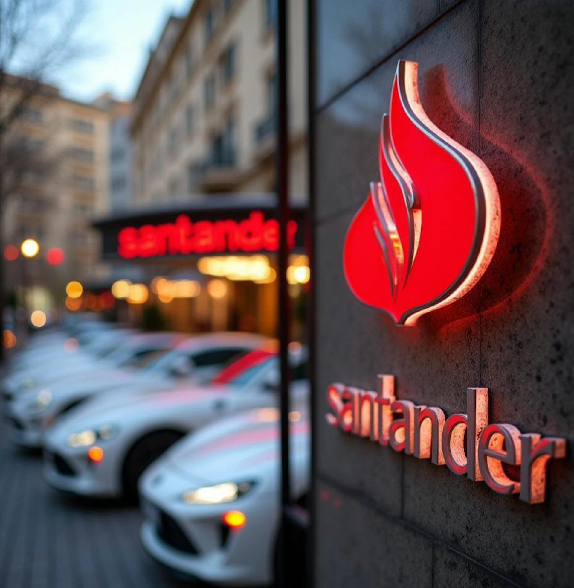 Santander UK logo with cars as background