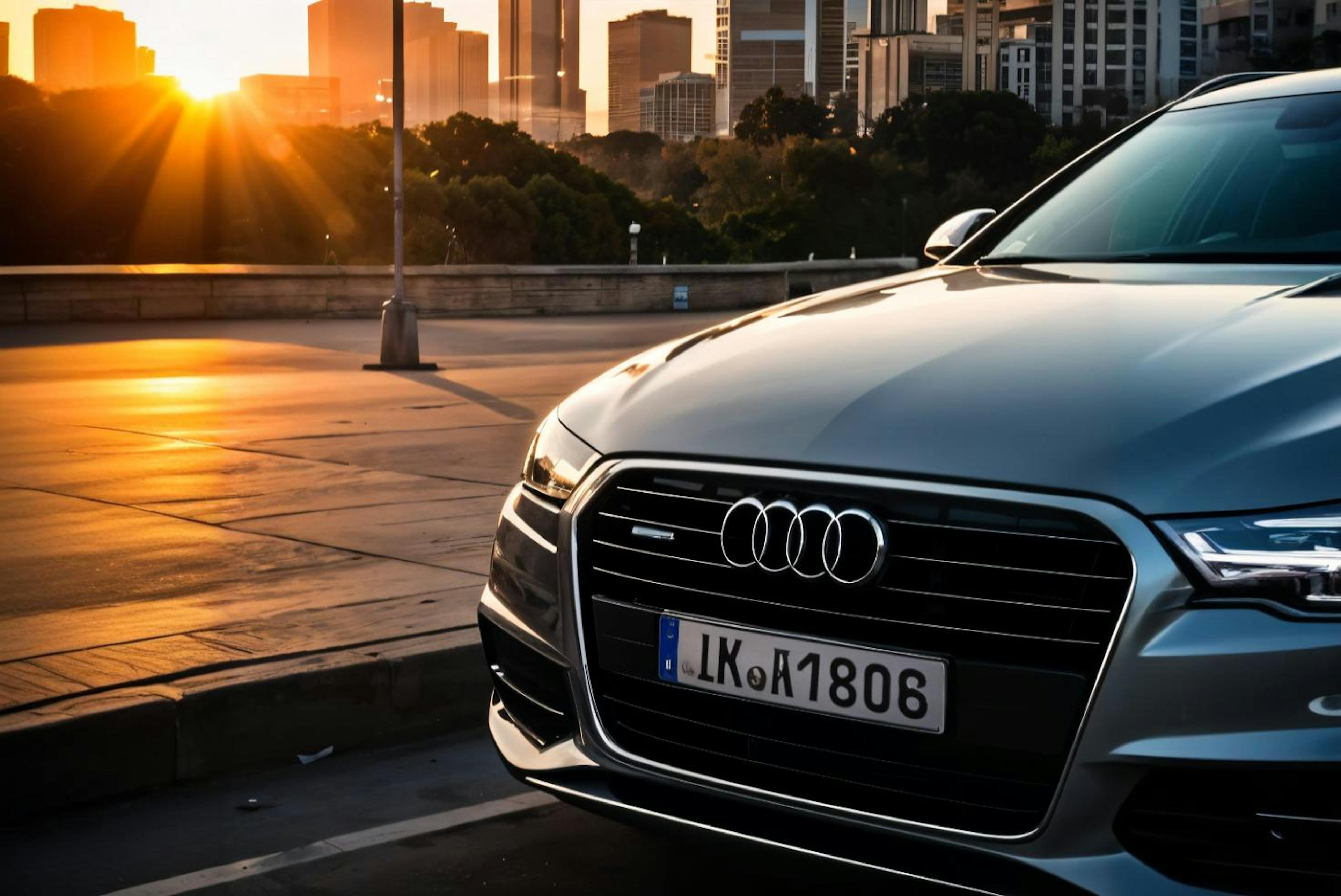 Audi car parked at sunset with city skyline
