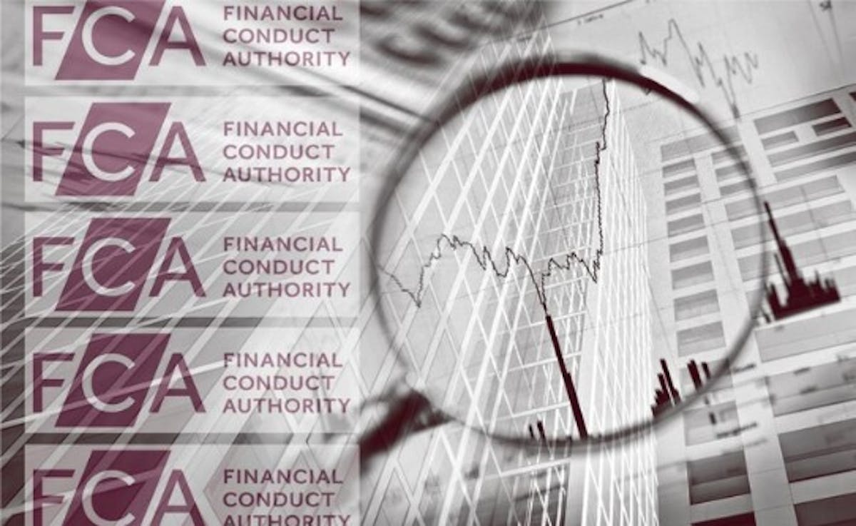 FCA logos with magnifying glass over trendlines and an ant's view of tall office buildings