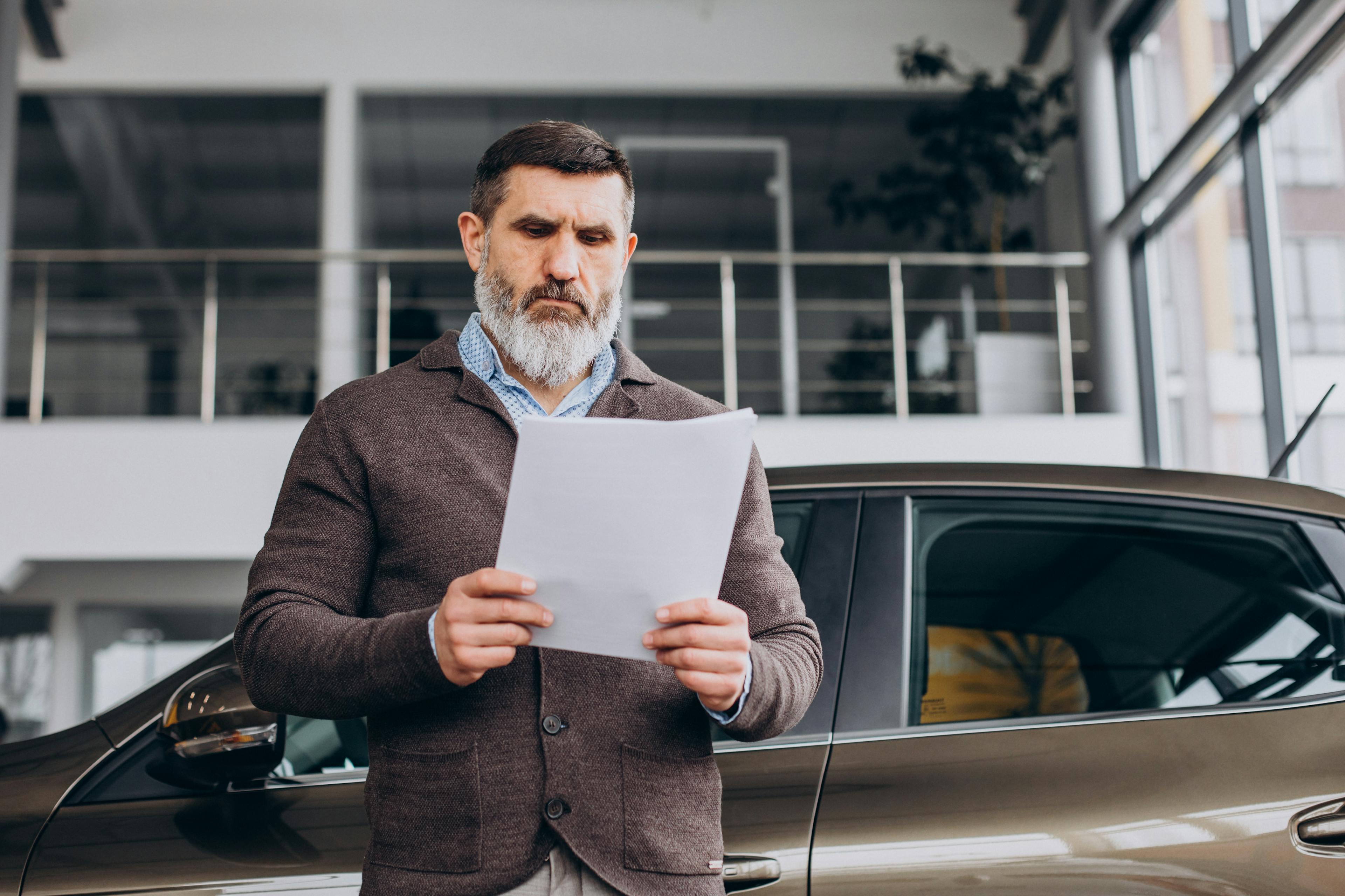 man handling documents with a car behind him