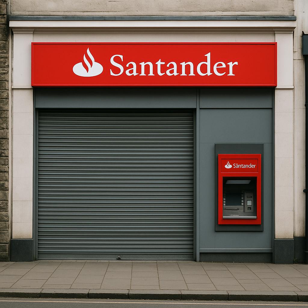 Closed Santander UK bank branch with shutter down
