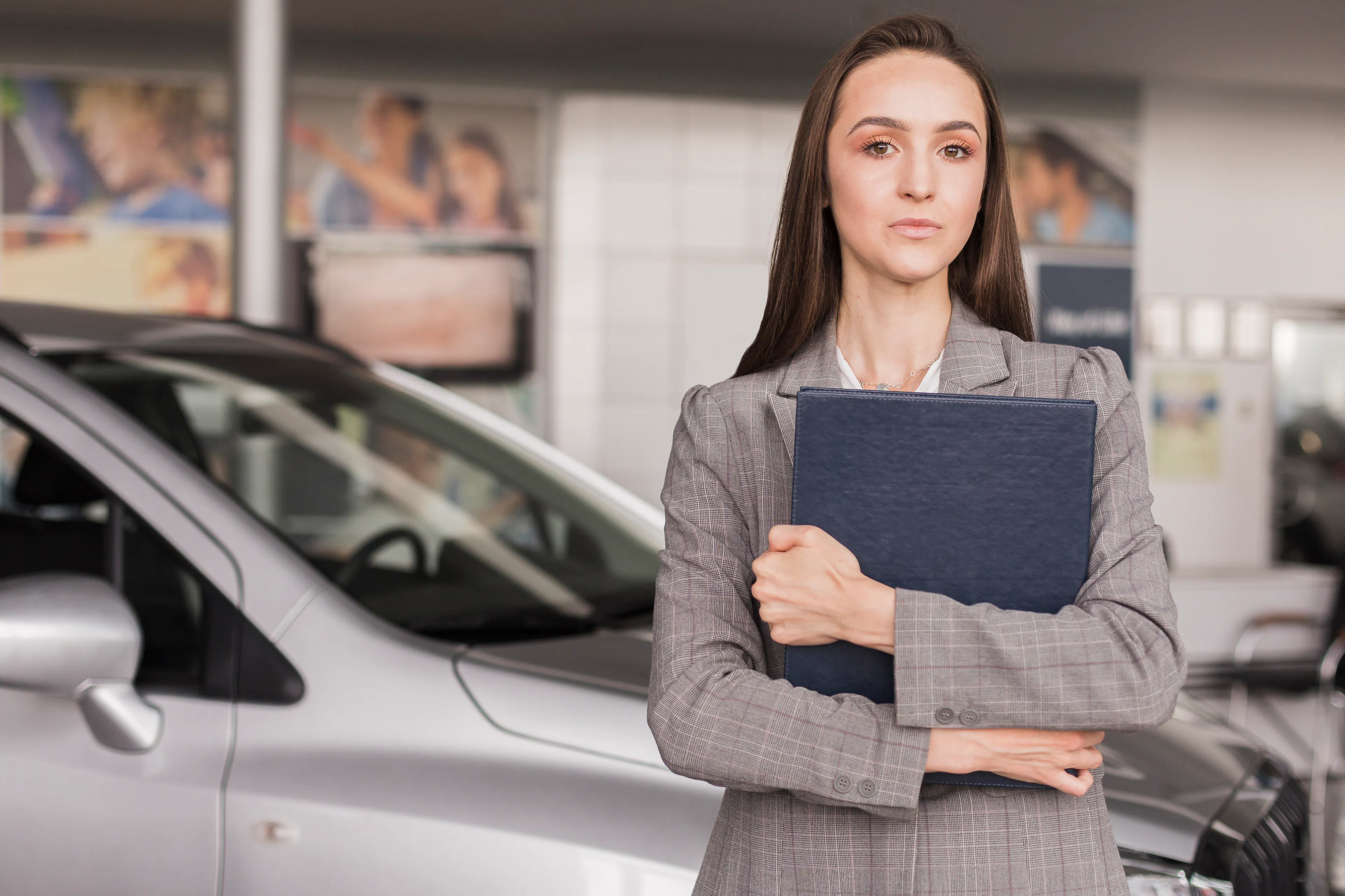 Confident female standing with folder in front of a silver vehicle