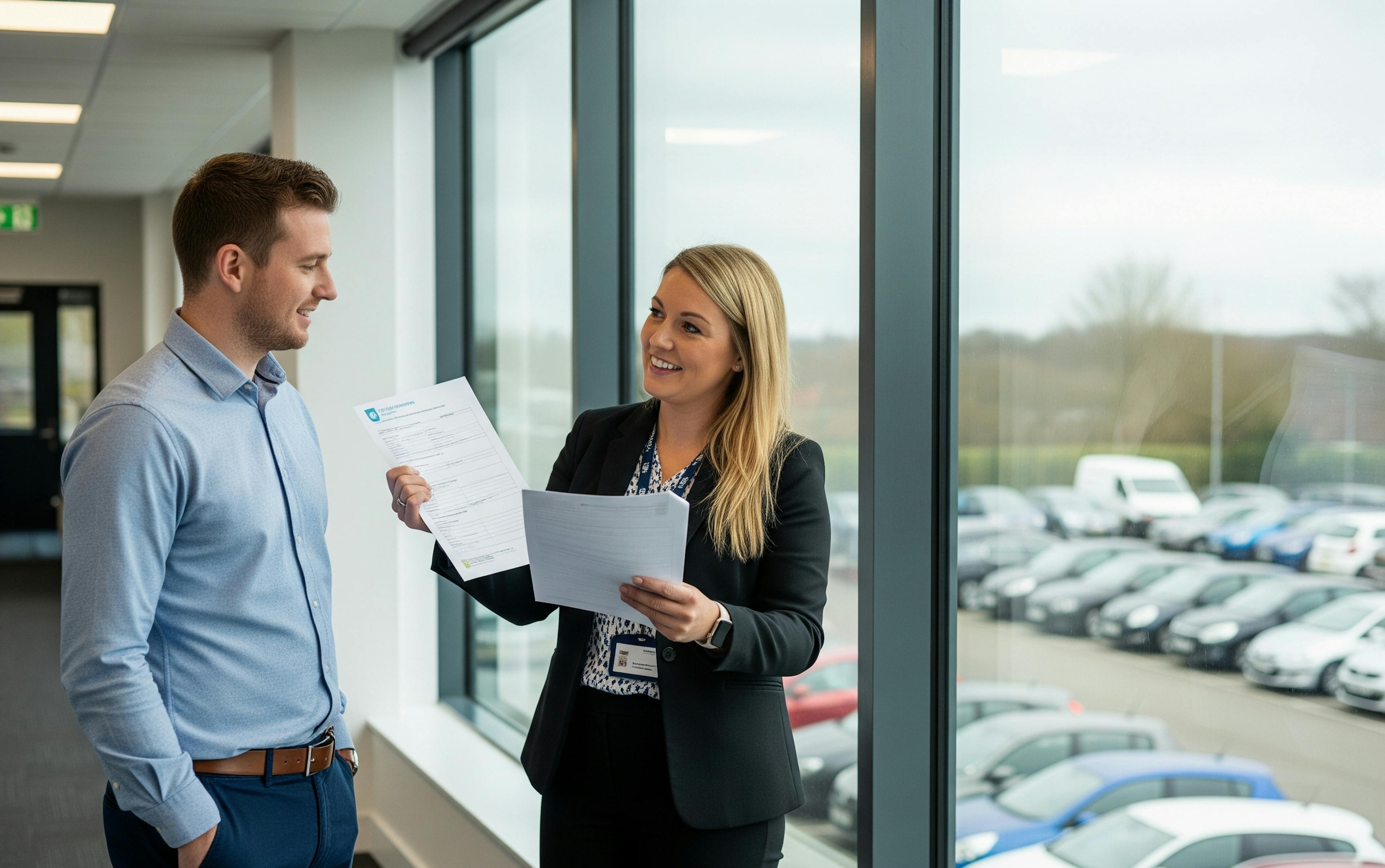claims management agent explaining claim forms to a man