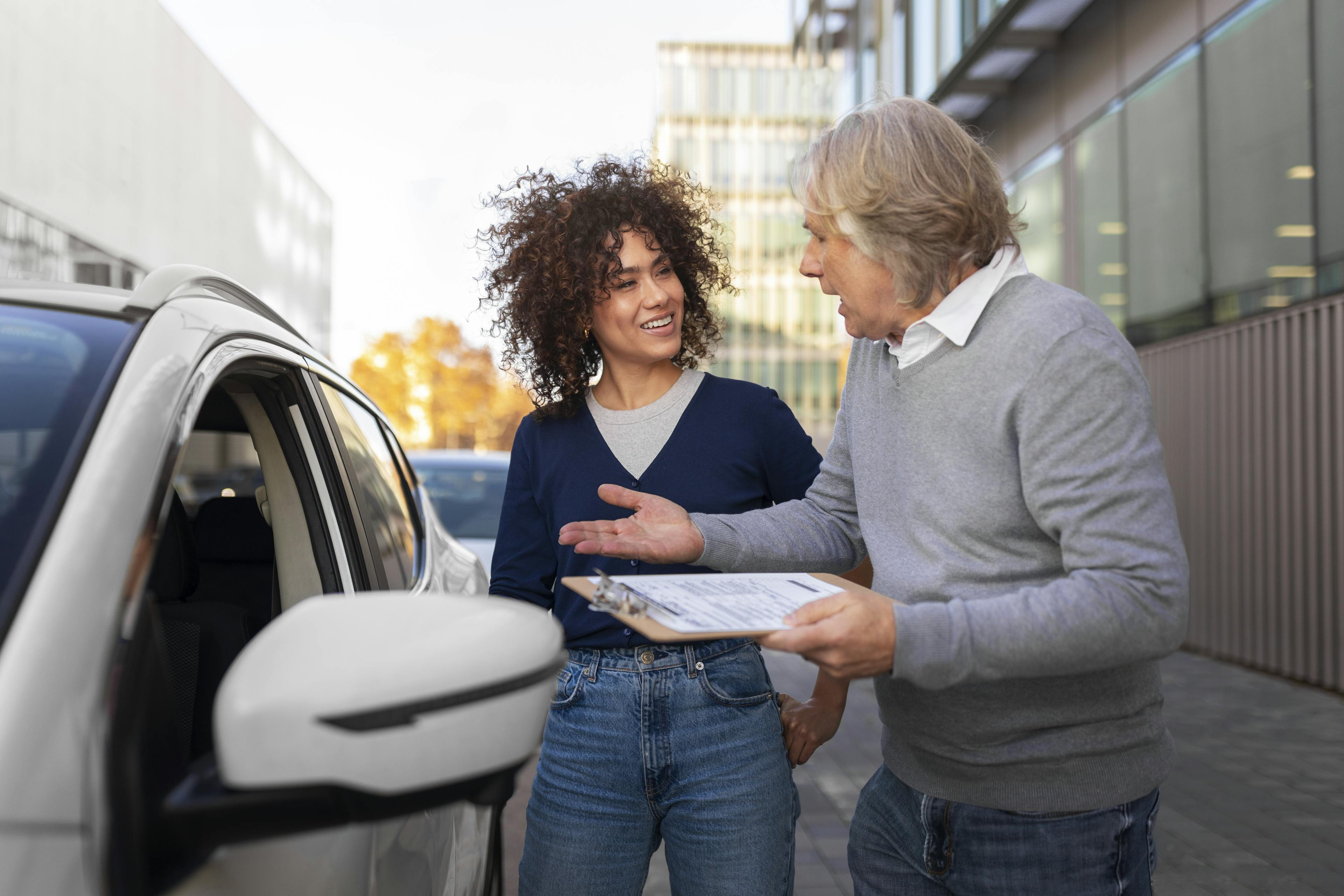 old man with a young woman talking beside a car