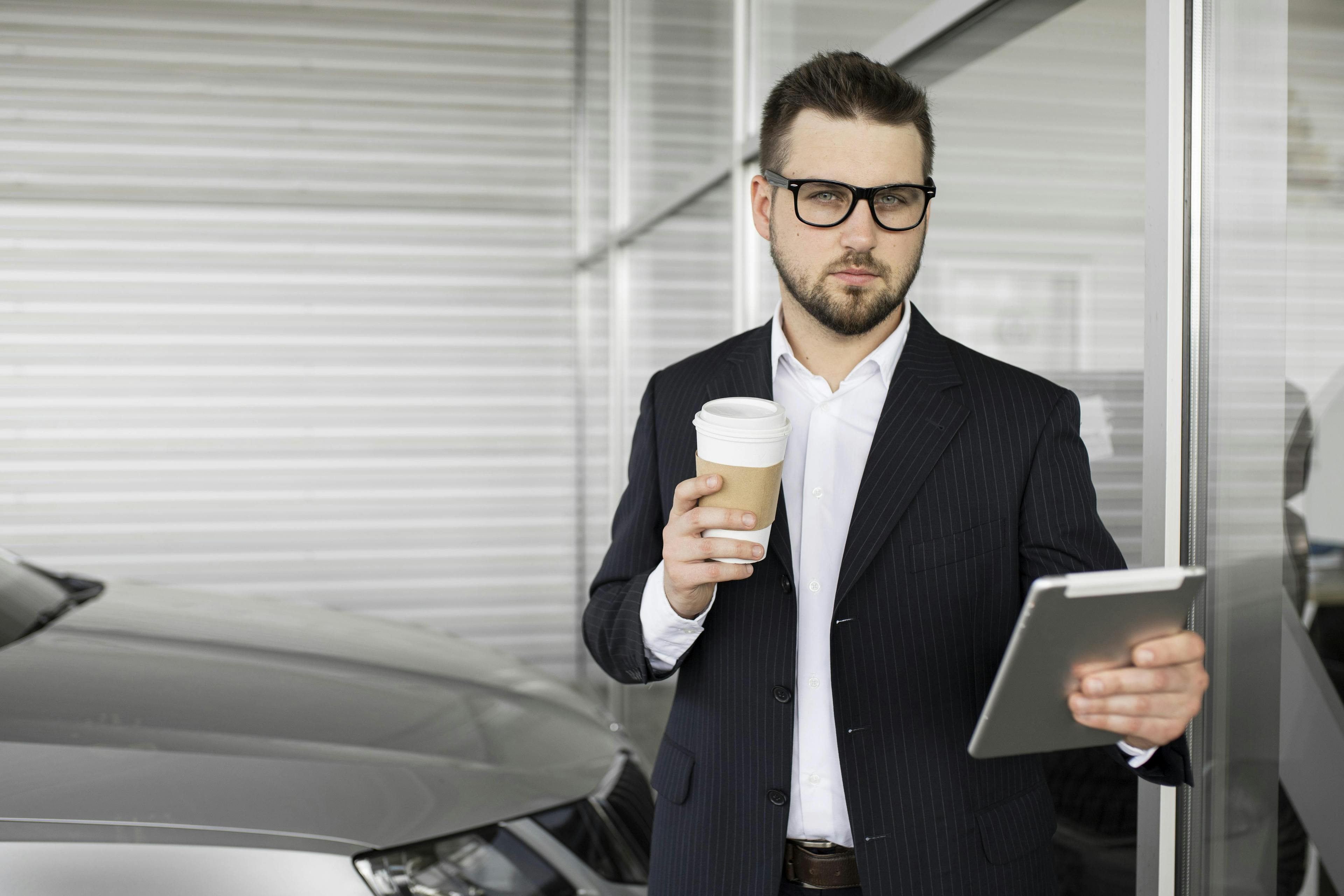 man holding coffee and paper standing in front of a parked car
