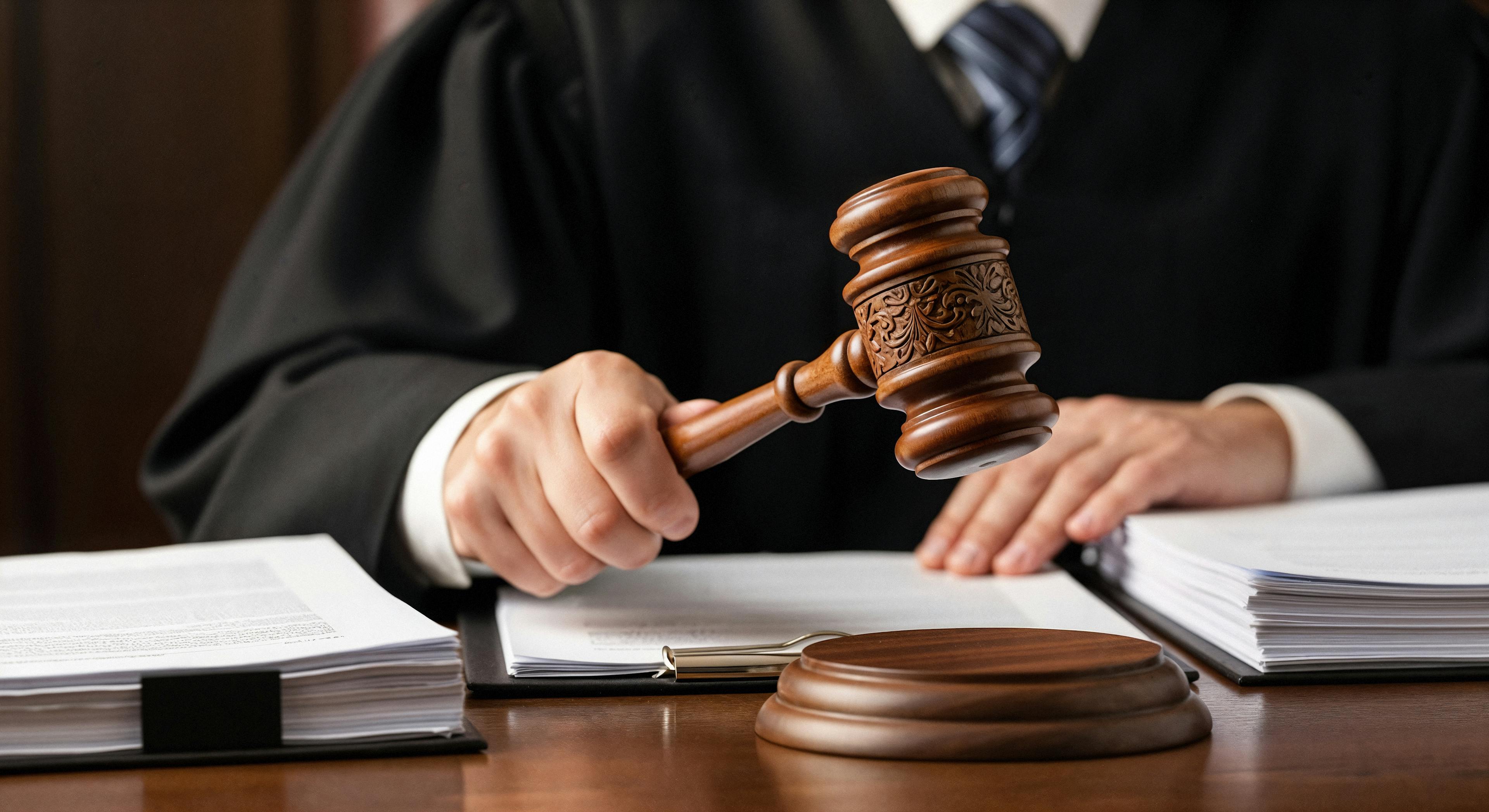 judge holding a gavel in a courtroom