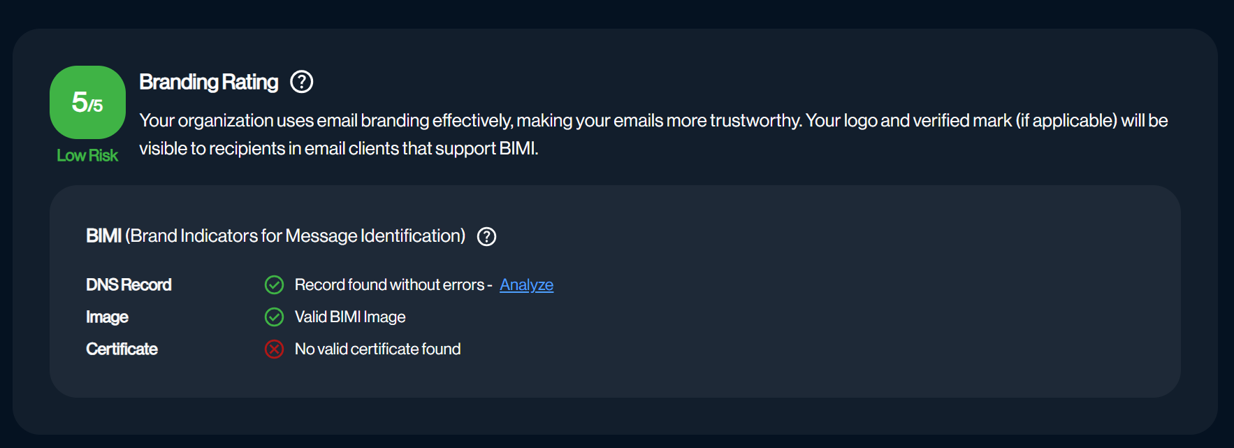 sendmarc bimi cert missing