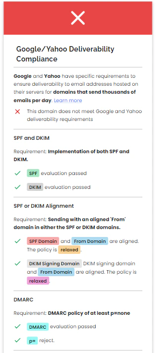 An extract from Red Sift Investigate’s Google/Yahoo Deliverability Compliance card