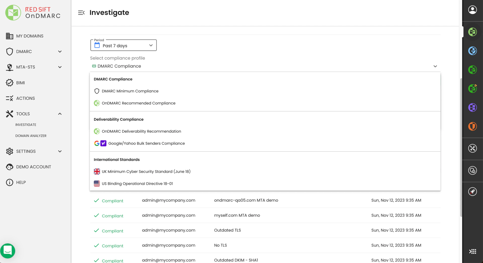 Google and Yahoo Bulk Sender’s Compliance Profile in Red Sift OnDMARC’s Investigate