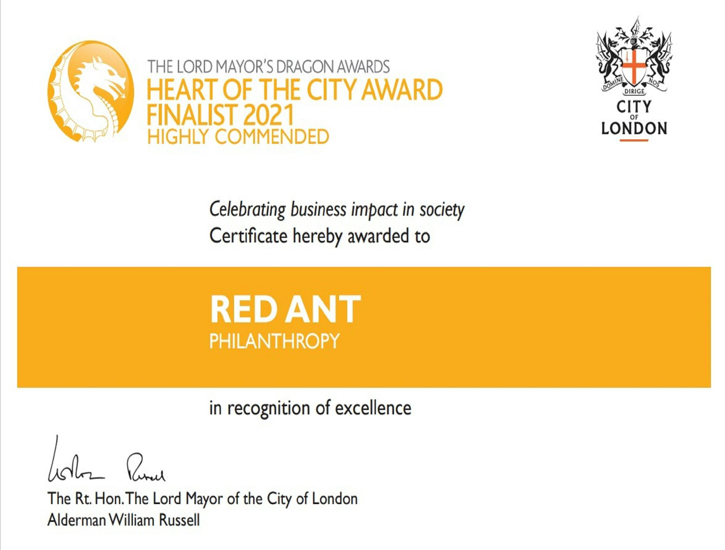Red Ant is Highly Commended in the Lord Mayor’s Dragon Awards