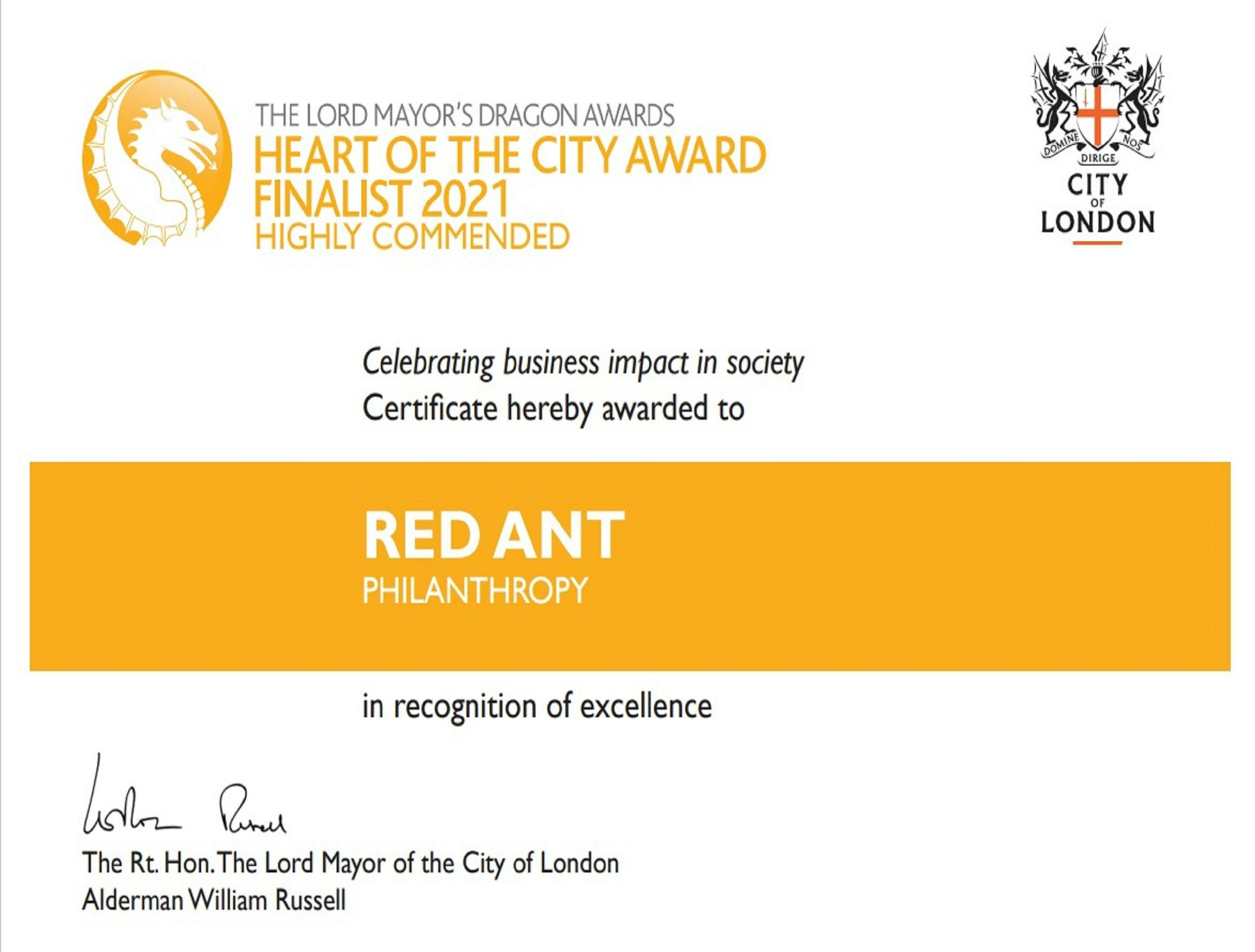 Red Ant is Highly Commended in the Lord Mayor’s Dragon Awards 