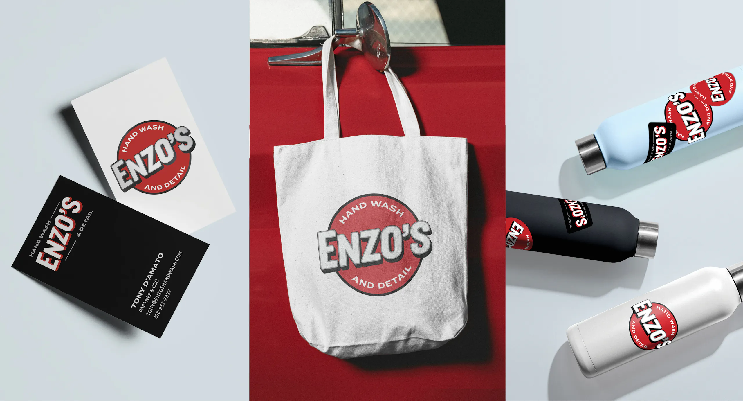 Enzo’s brand applications, Business cards, Tote bag, Water bottles