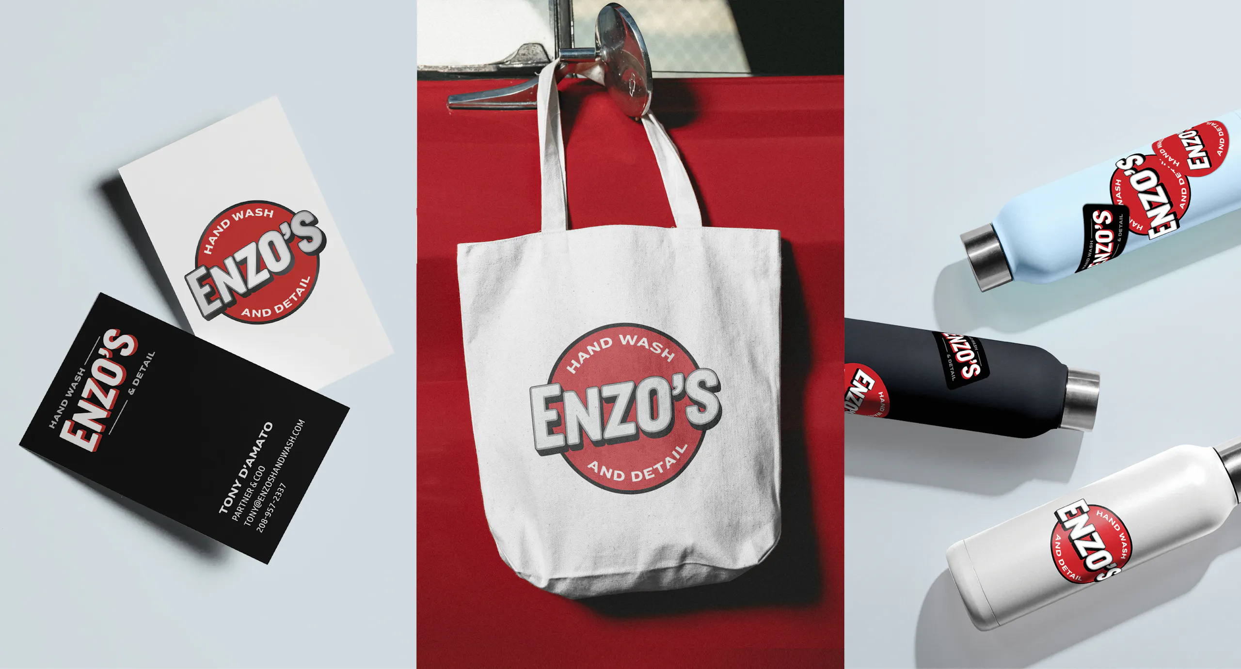Enzo’s brand applications, Business cards, Tote bag, Water bottles