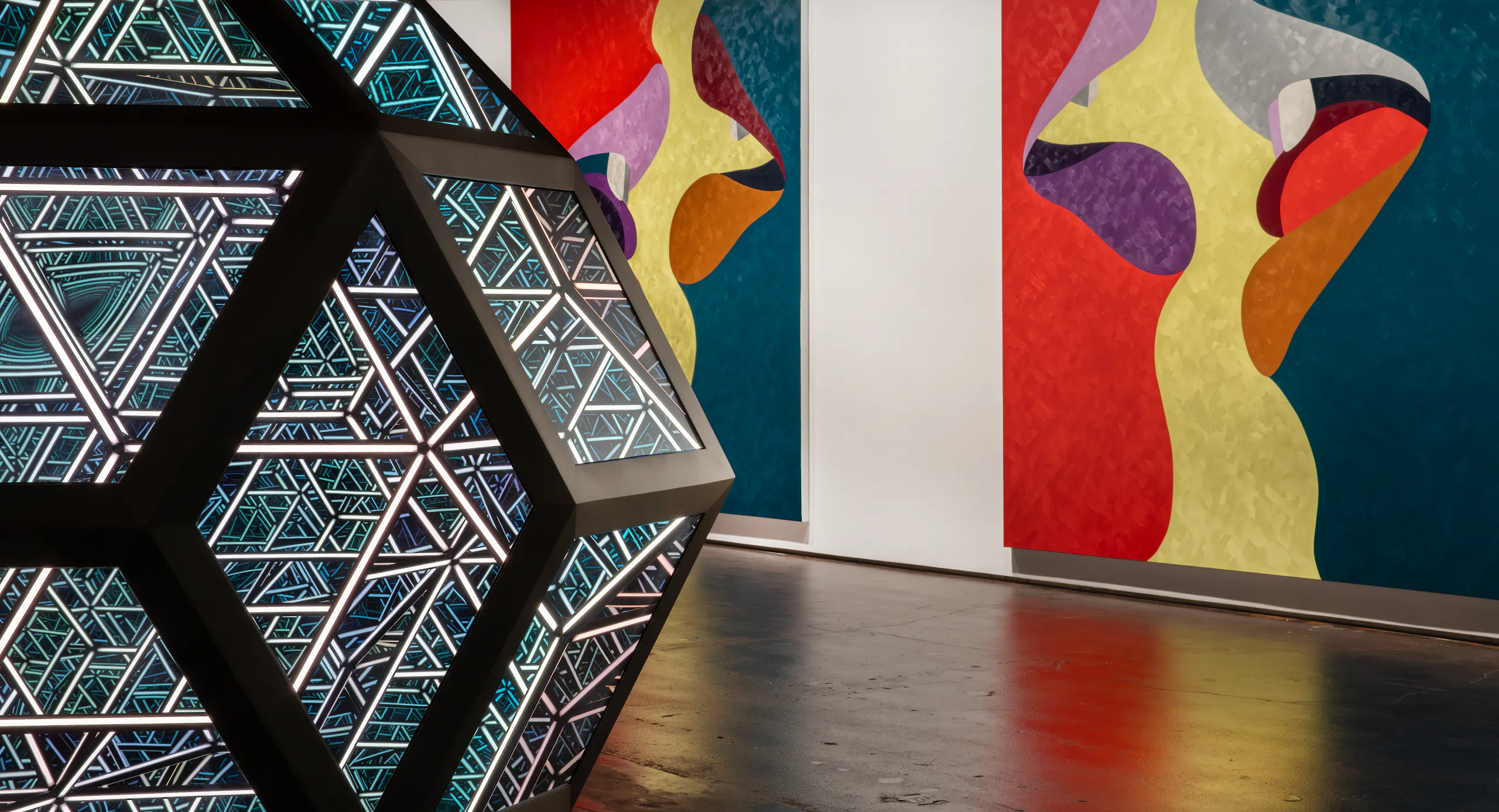 big geometric sculpture and wall art