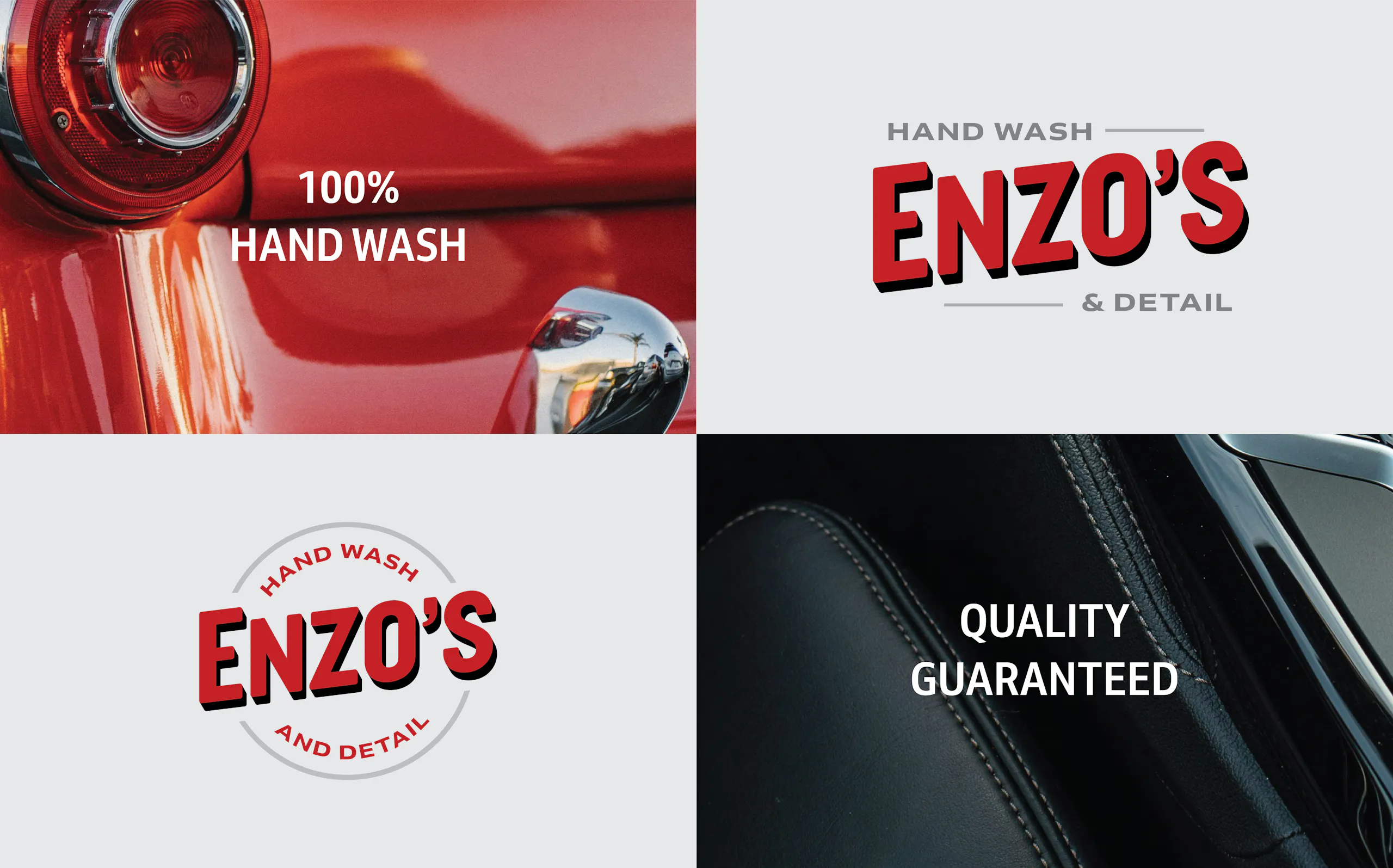 four panels: 100% hand wash, enzos logo one, enzos logo 2, quality guarunteed
