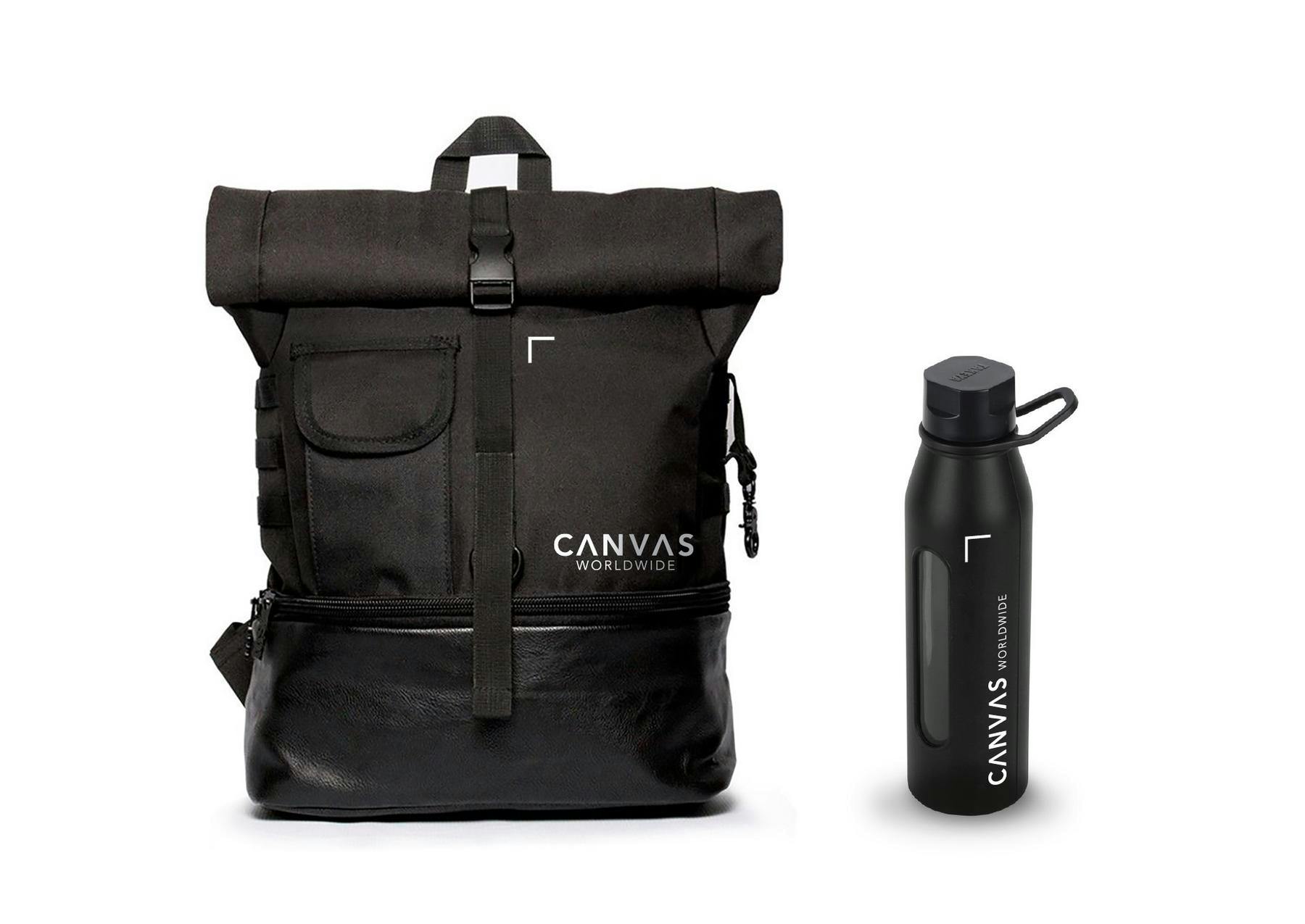 branded backpack and waterbottle