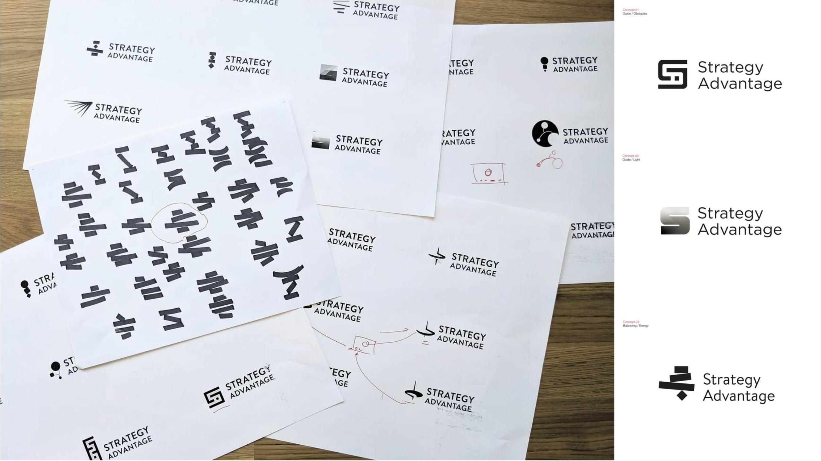 more logo sketches with refined marks to the right
