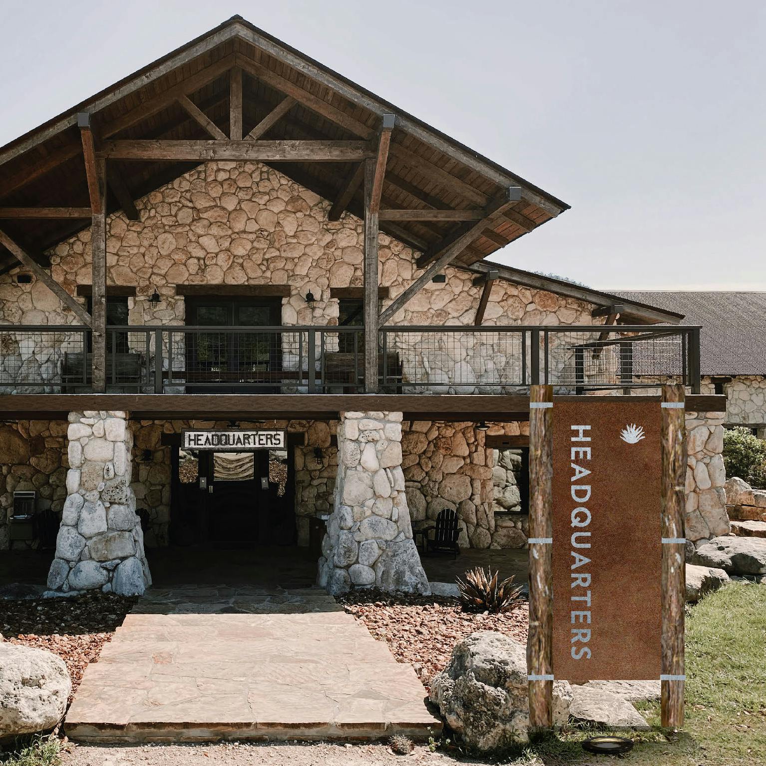 headquarters with rustic sign