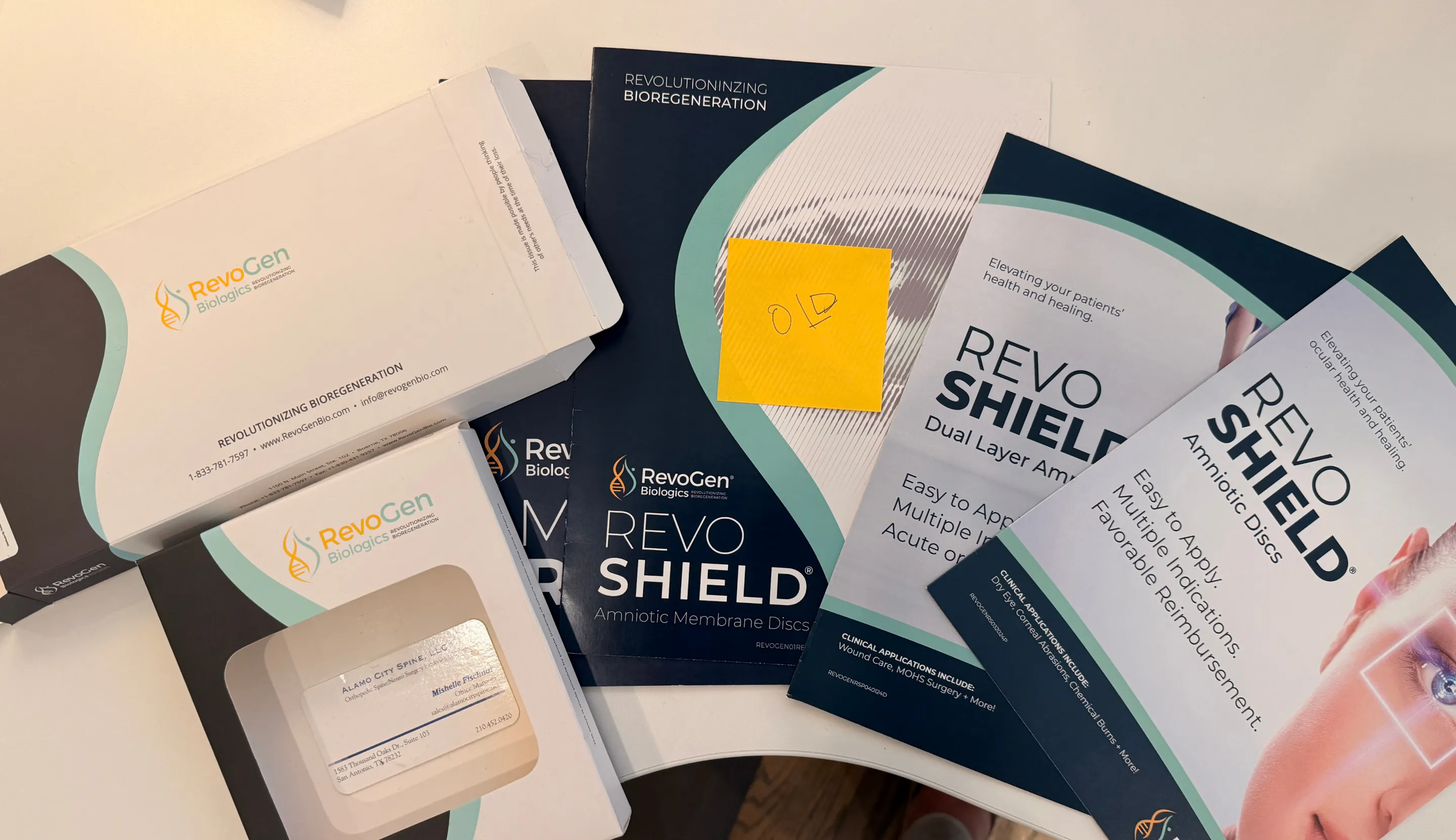 Revogen's pre-rebrand collateral: RevoCen Biologics brochures and sell sheets
