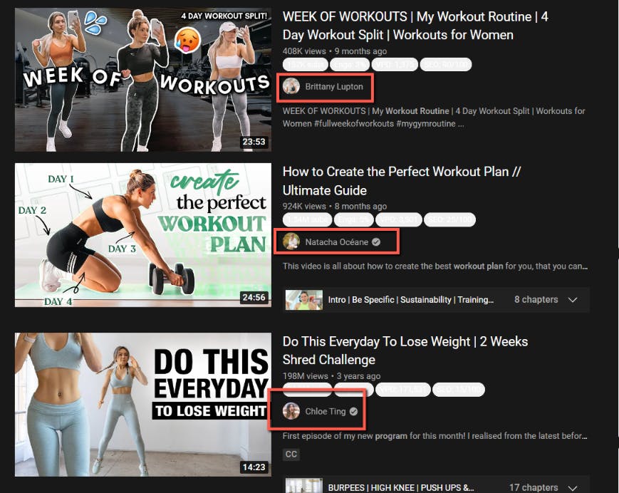 Screenshot of a youtube search for work outs. 