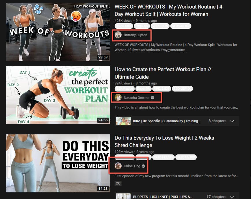 Screenshot of a youtube search for work outs.