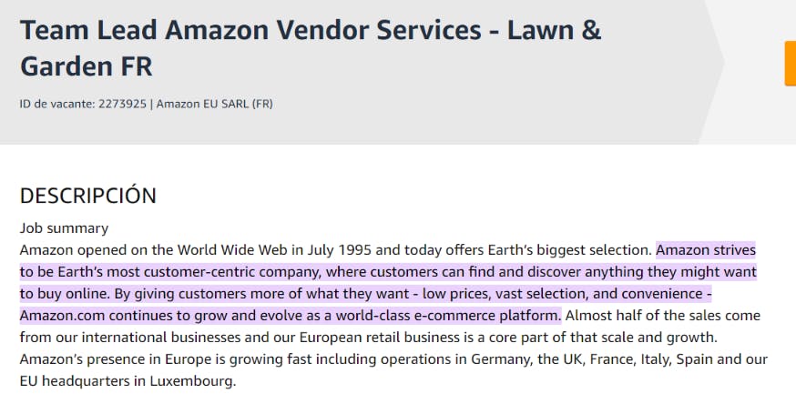 screenshot of a amazon job description, highlighting the amazon vision. 