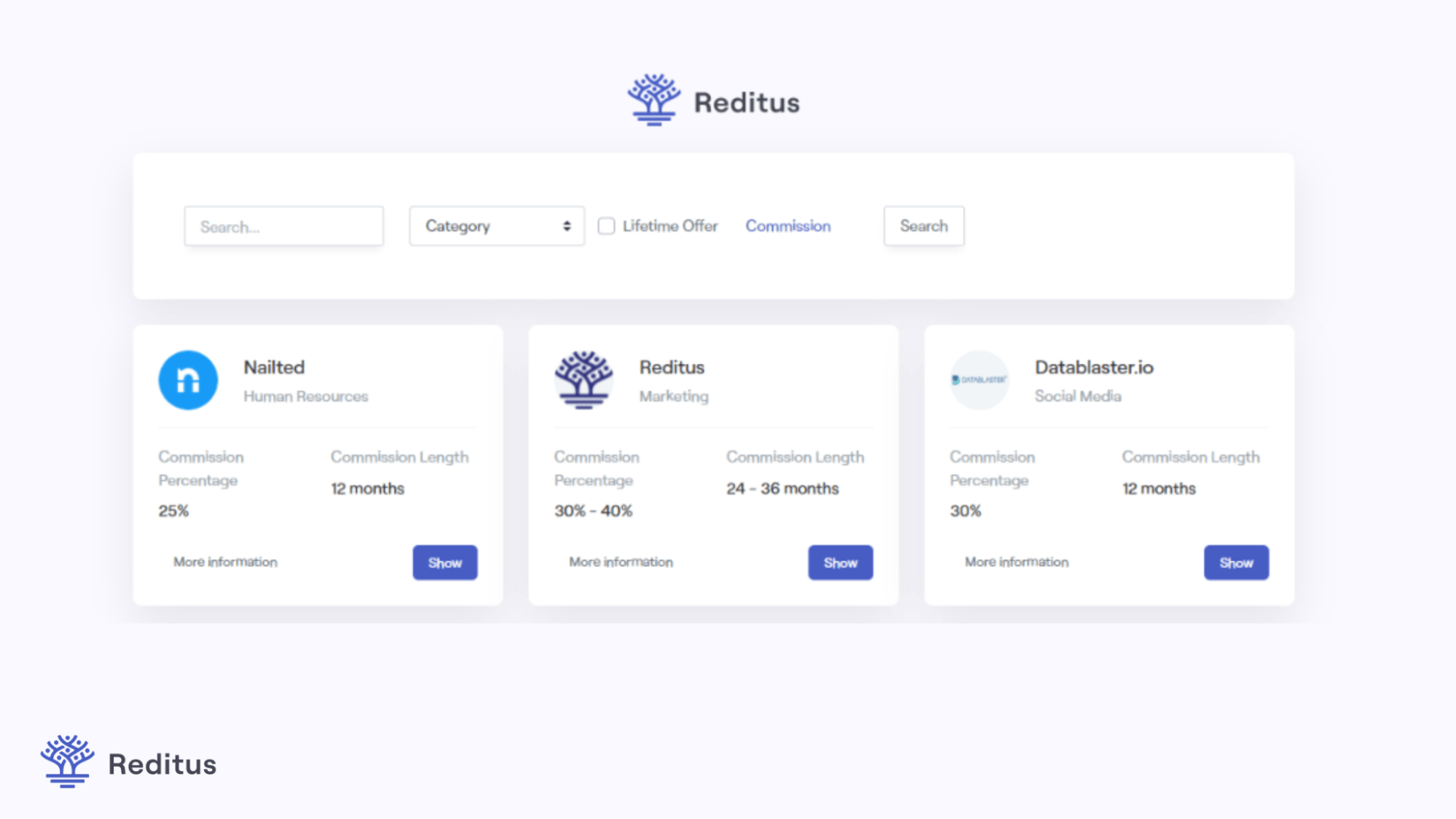 screenshot of the Reditus SaaS Affiliate program marketplace