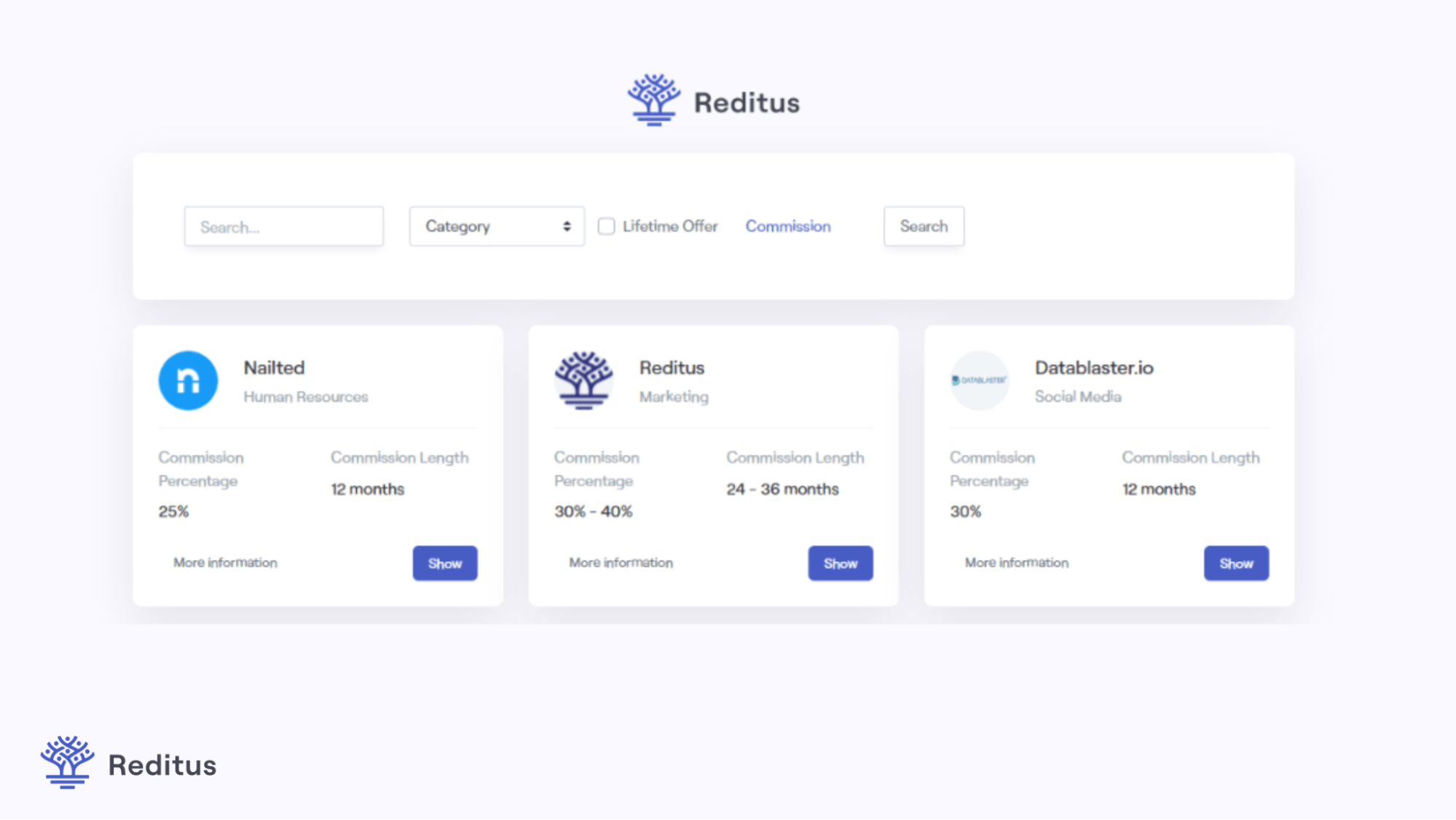 A screeenshot of Reditus affiliate program marketplace