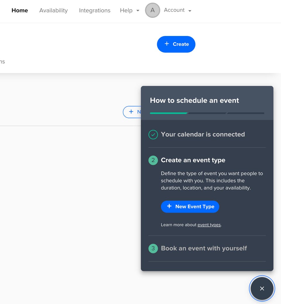 Calendly onboarding in-app flow. Taking first steps.