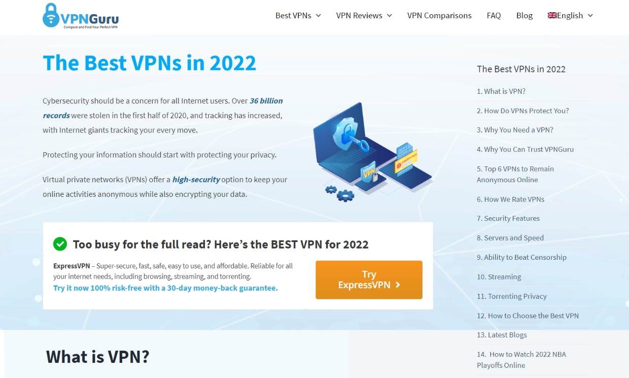 screenshot of the site of vpn guru