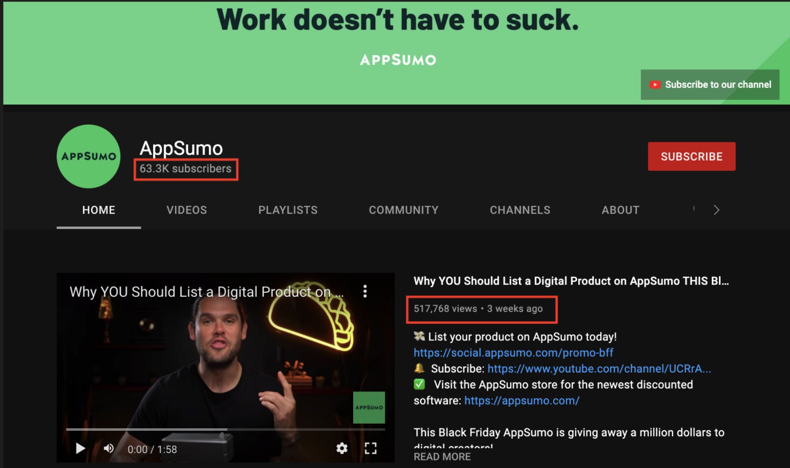 Appsumo youtube channel and number of subscribers