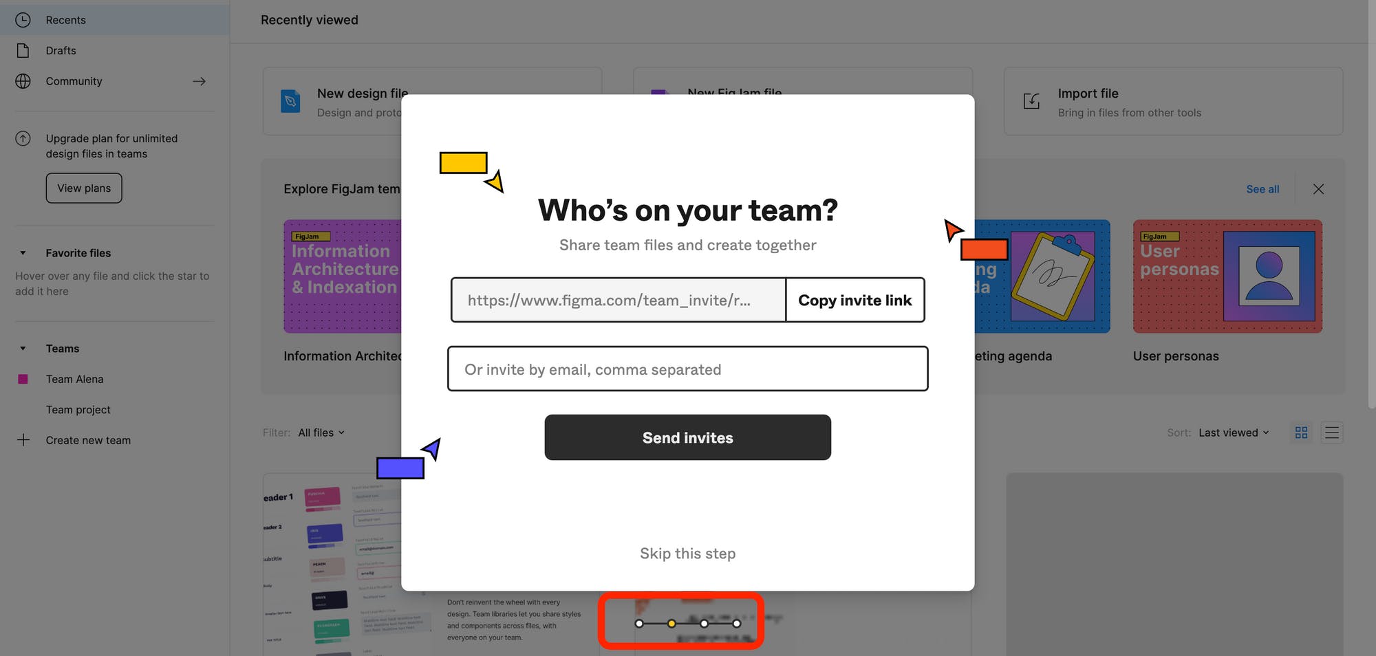 SaaS onboarding flow, figma screenshot on inviting other users.