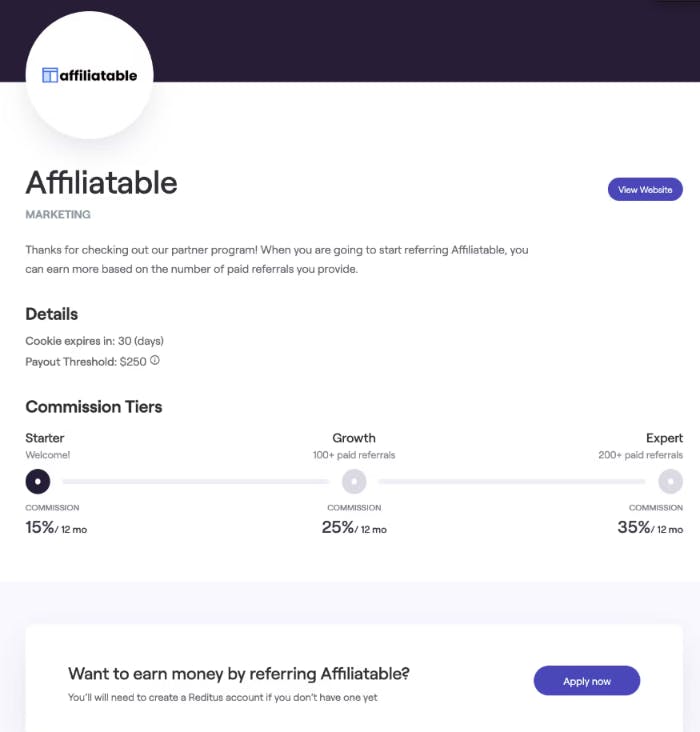 screenshot of affiliatable affiliate program