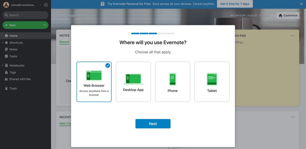 Evernote Saas onboarding steps, qualification step