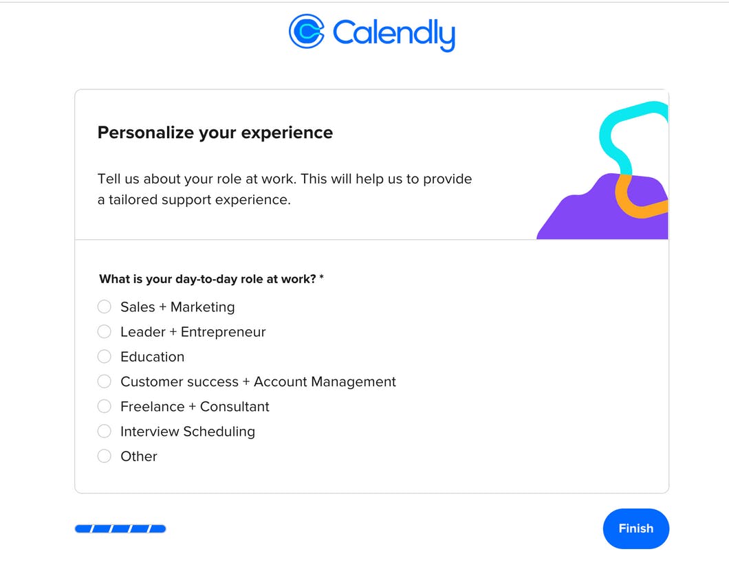 Calendly onboarding flow, screenshot on how to extract information during saas onboarding flow. 