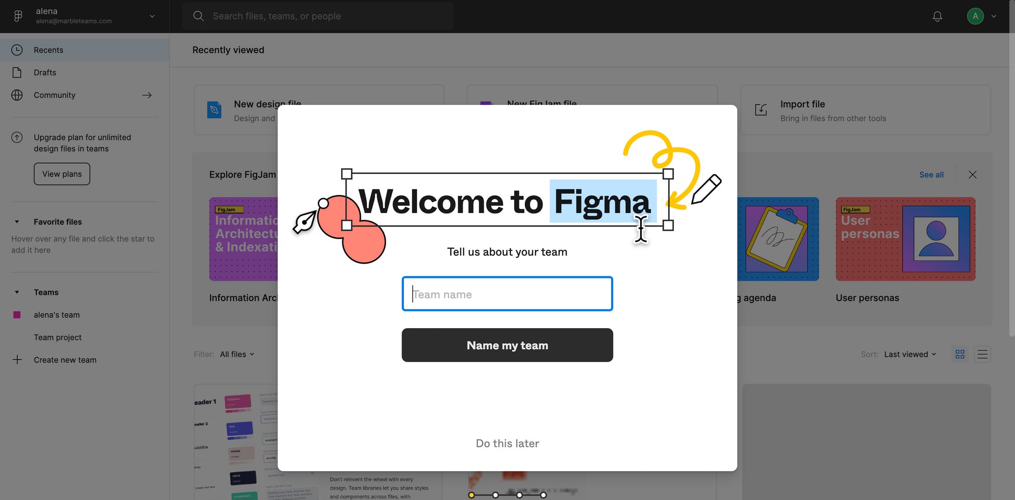 SaaS onboarding step, welcoming & creating a team. Figma screenshot