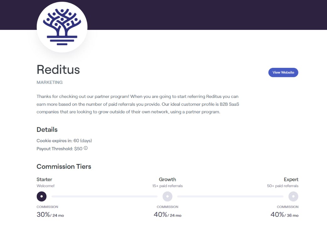 screenshot of the Reditus Affiliate program details