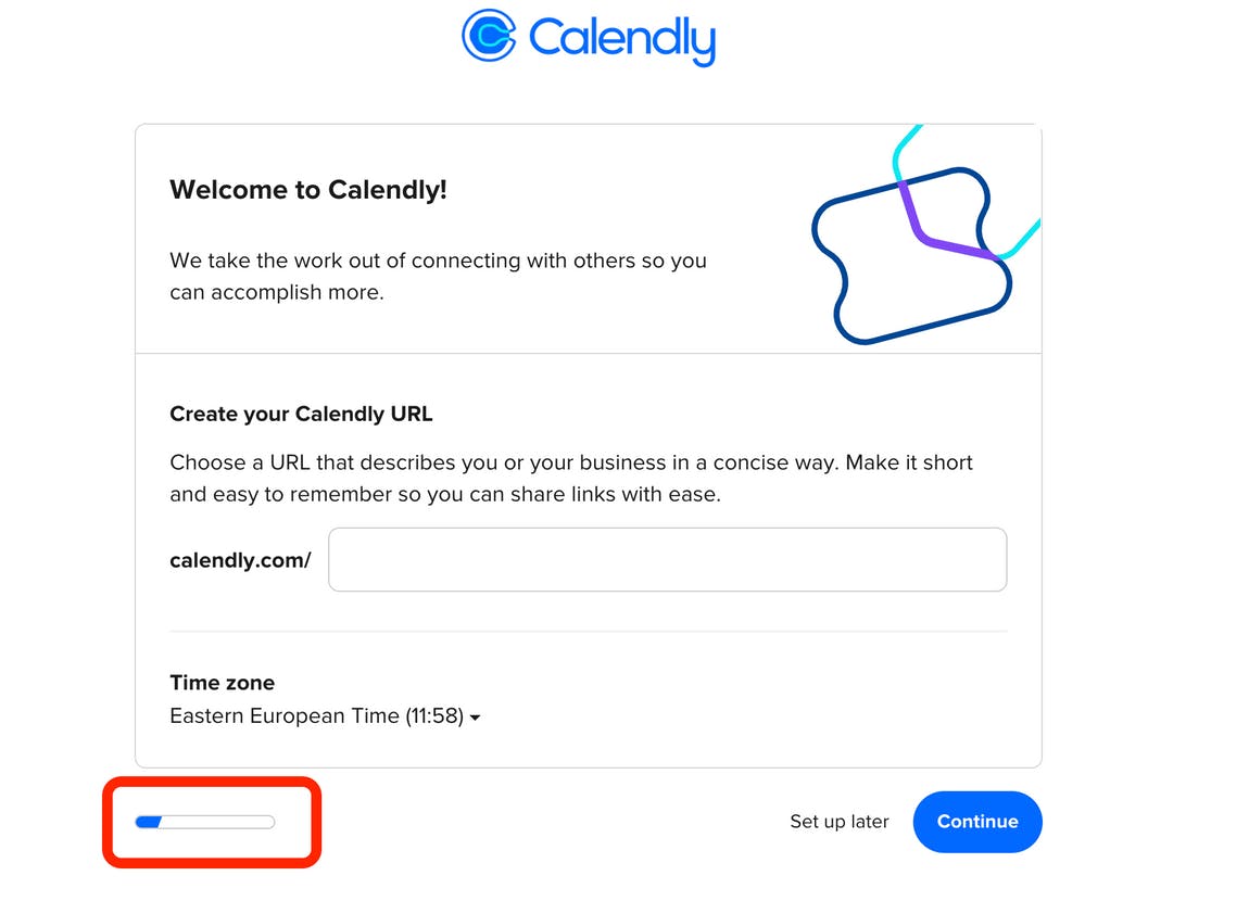 Saas onboarding example from Calendly, showing a progress bar.