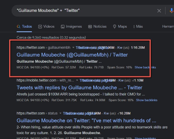 finding a twitter profile using google search, screenshot on how to do this.