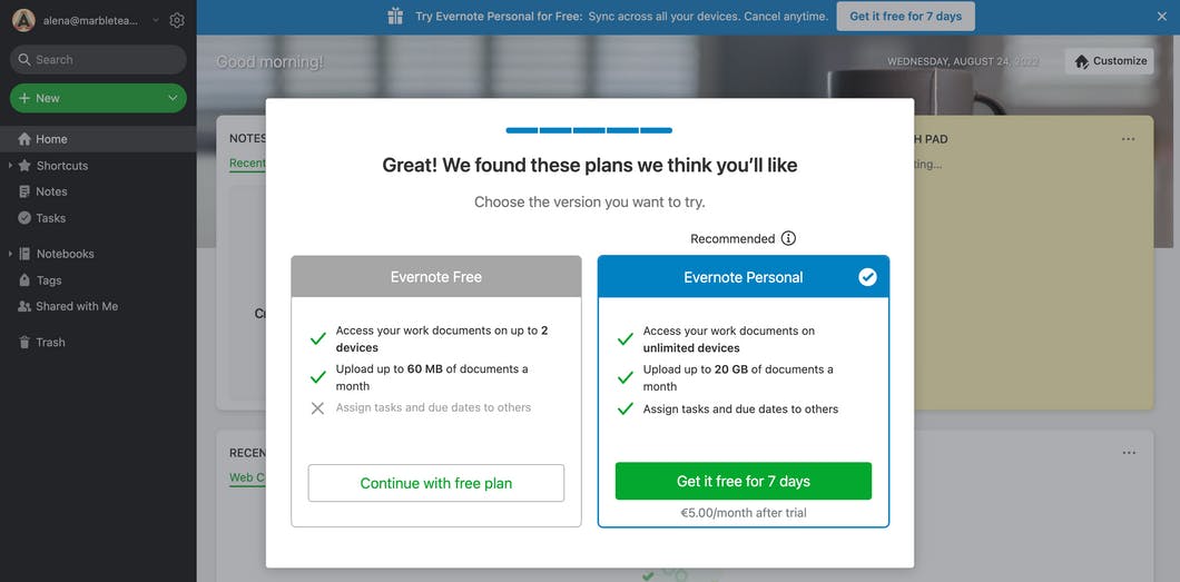 SaaS onboarding flow from Evernote, plan recommendation step