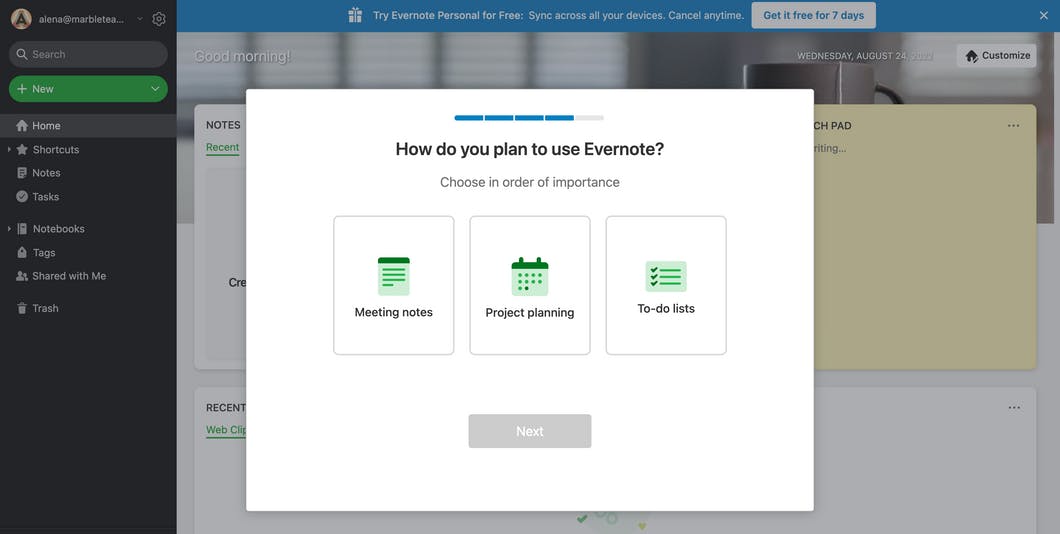 B2C SaaS evernote onboarding flow, usage step