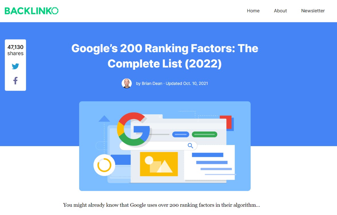 screenshot from a backlinko blog, regarding googles ranking factors.