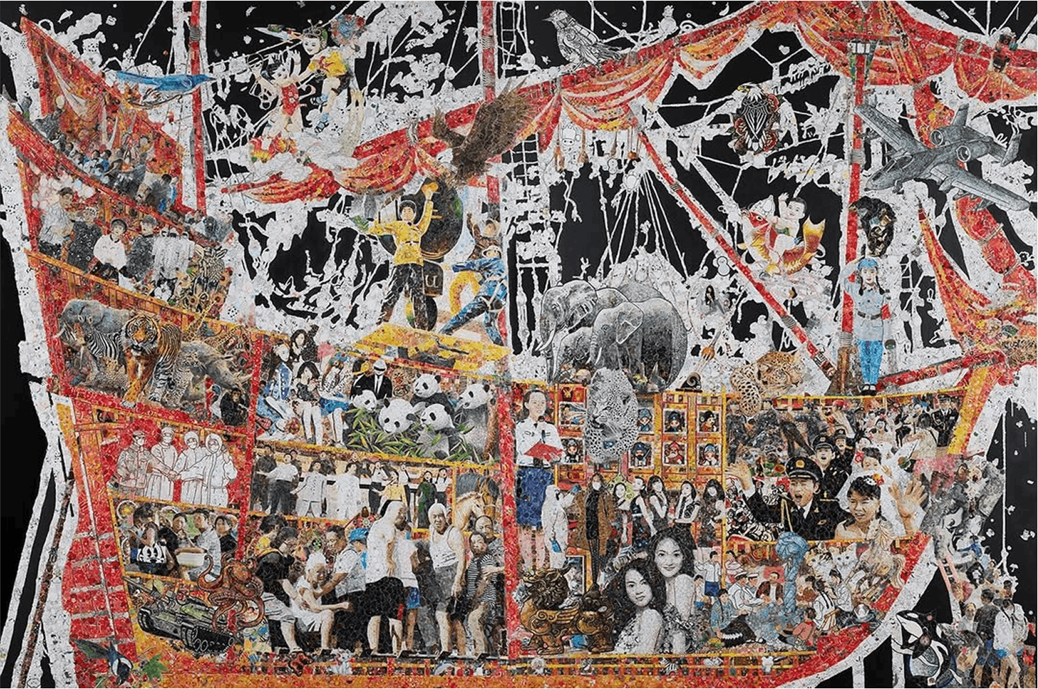 Ye Hongxing, Red Boat, 2022, Mixed media on Canvas, 79 x 118 in