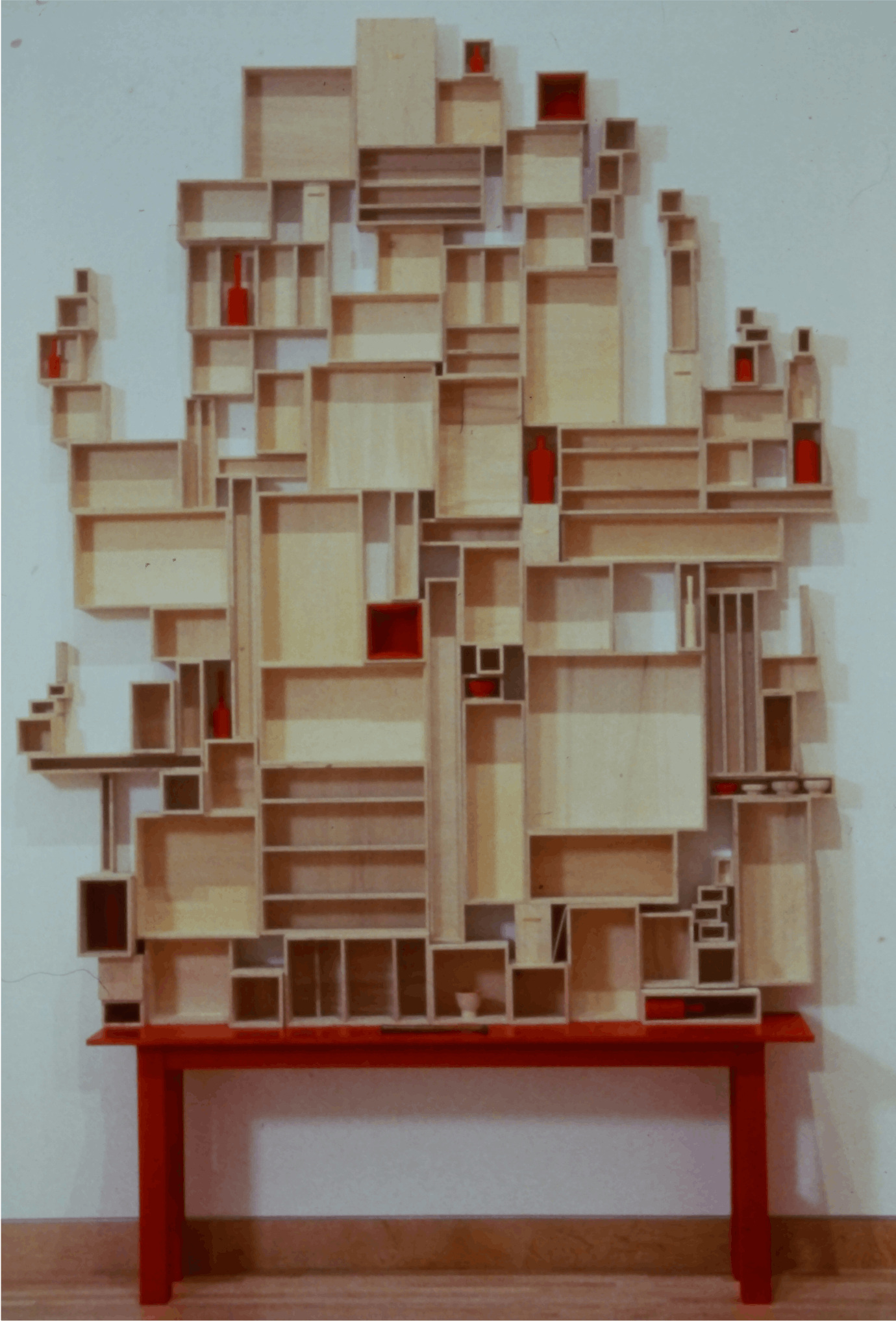 Jay Johnson, We Attempt to Contain, 1995, Baltic birch, fabric, and brass, 133 x 80 x 17