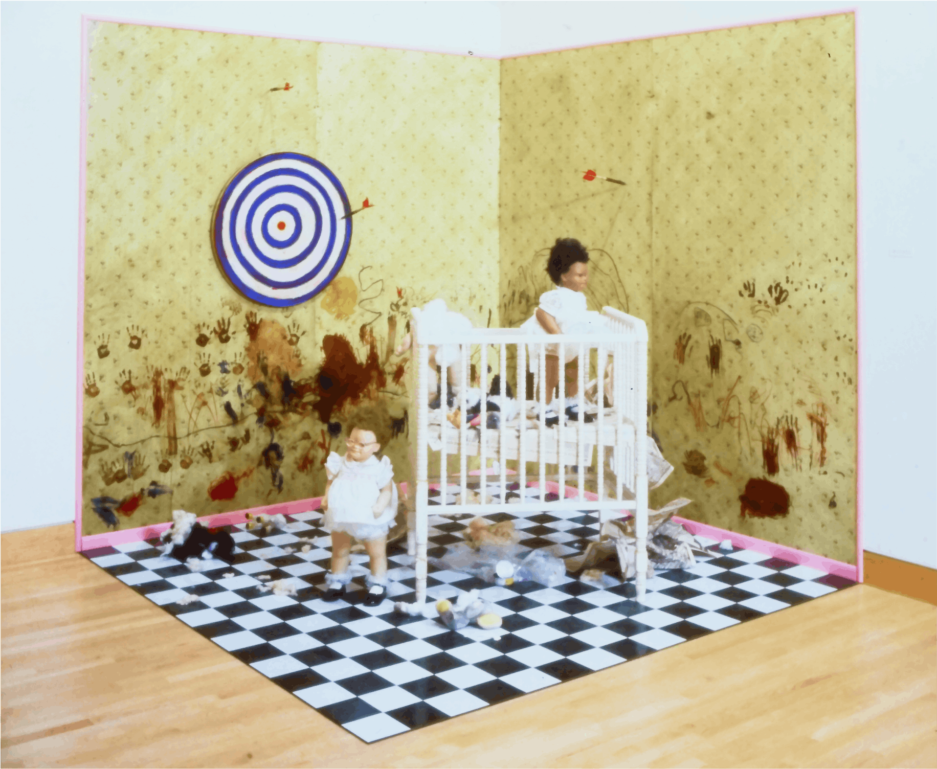 Kim Dingle, Priss' Room, 1994, dolls, cribs, flooring, painting, wall and debris,overall dimension 96x96x96