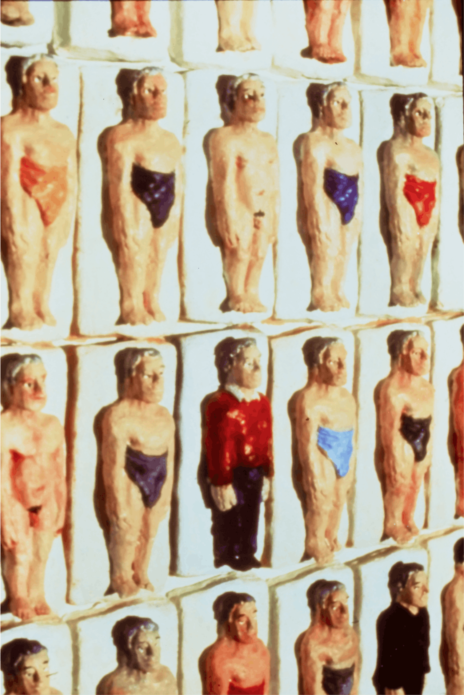 Matthew Freedman, self-portrait with Underwear up too high (detail), 1995, acrylic on plaster, 200 tiles, each 8x4x4 