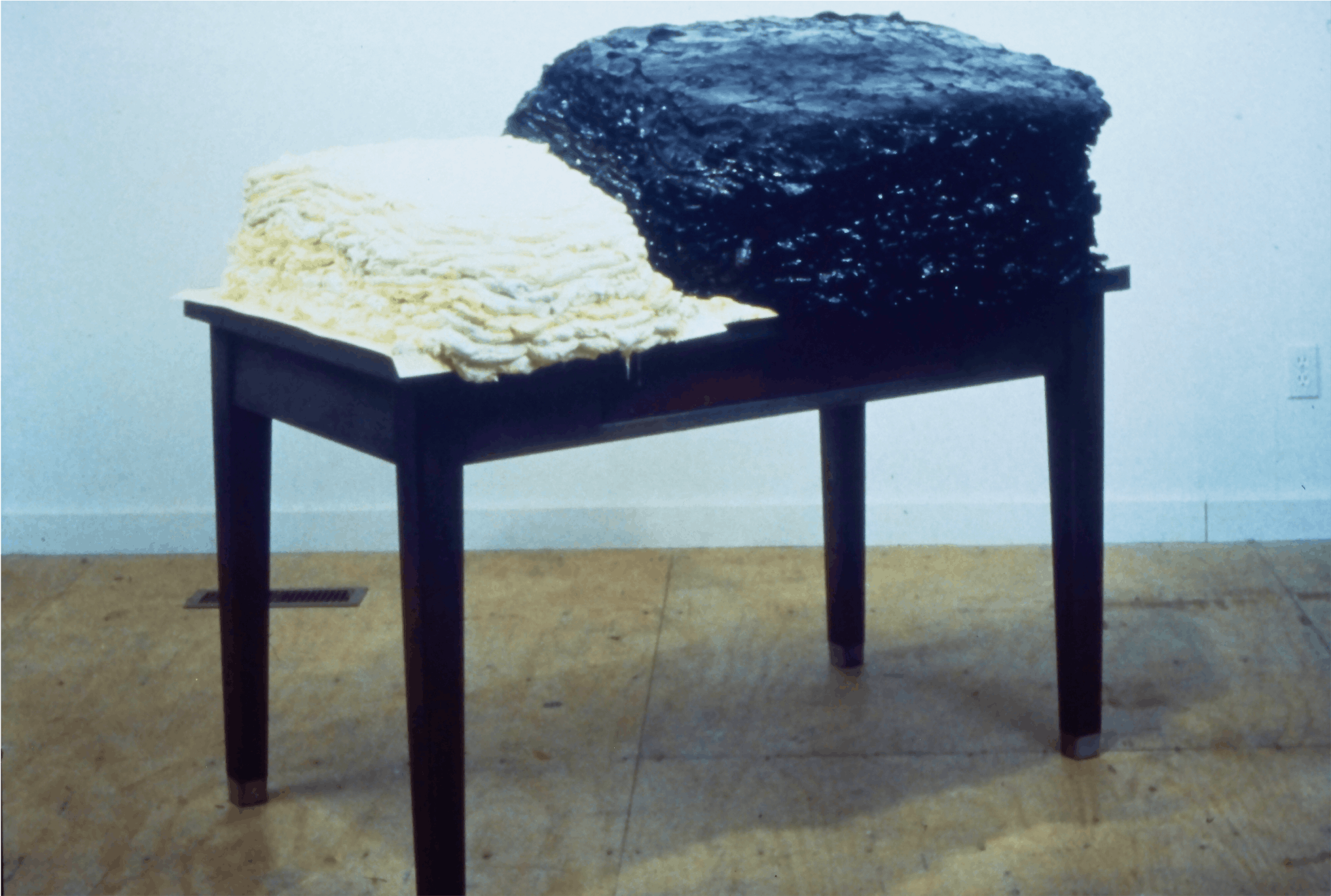 Scott Richter, Horizontal Politic of G & E, 1996, oil paint, steel table, wood, 46x53x38