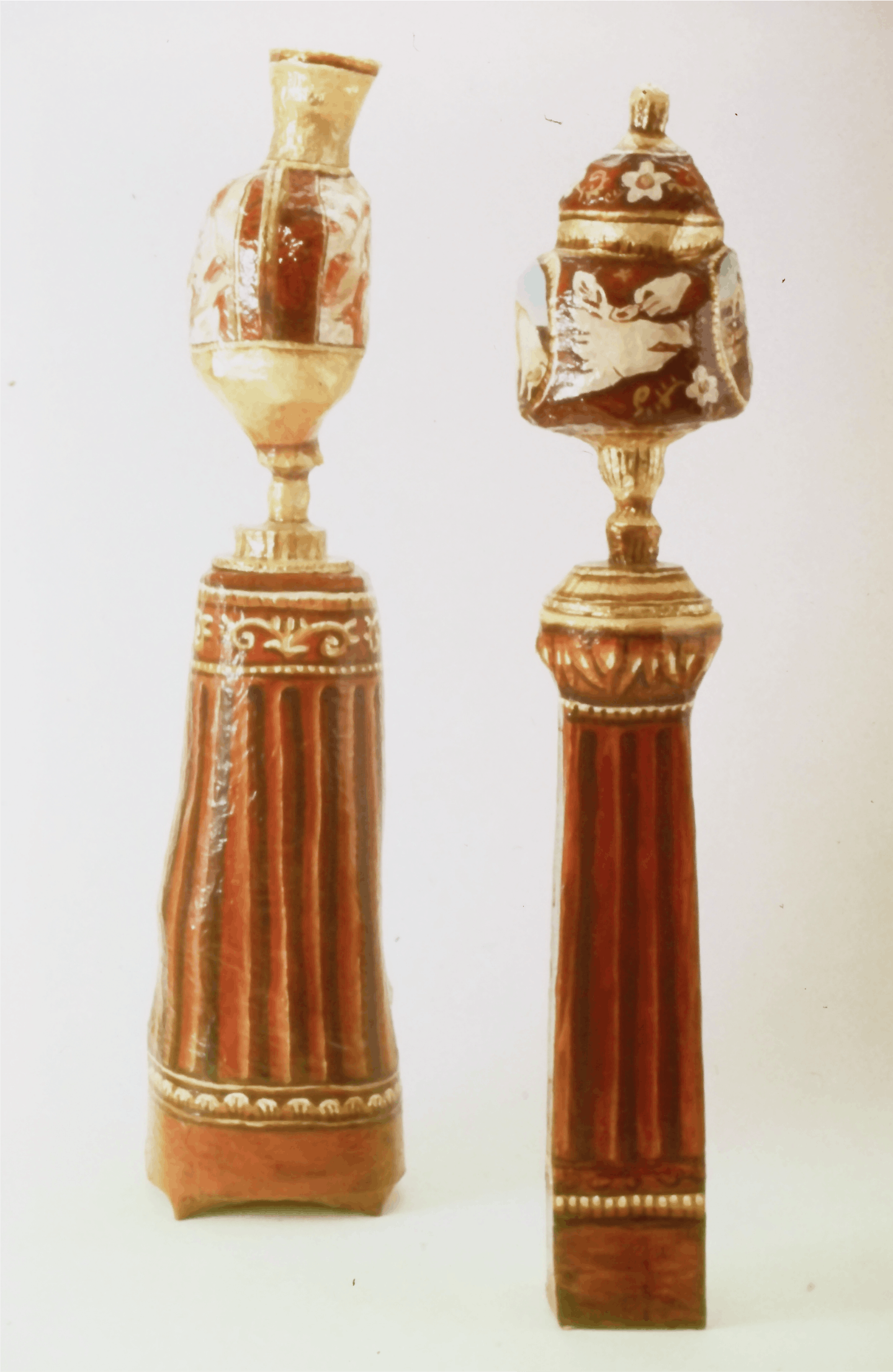 Jean Lowe, Turkey Urn, 1993, papier-mache, oil, gold leaf, resin 76x24x13 Swine Urn, 1993, papier-mache, oil, gold leaf, resin, 72x13x13