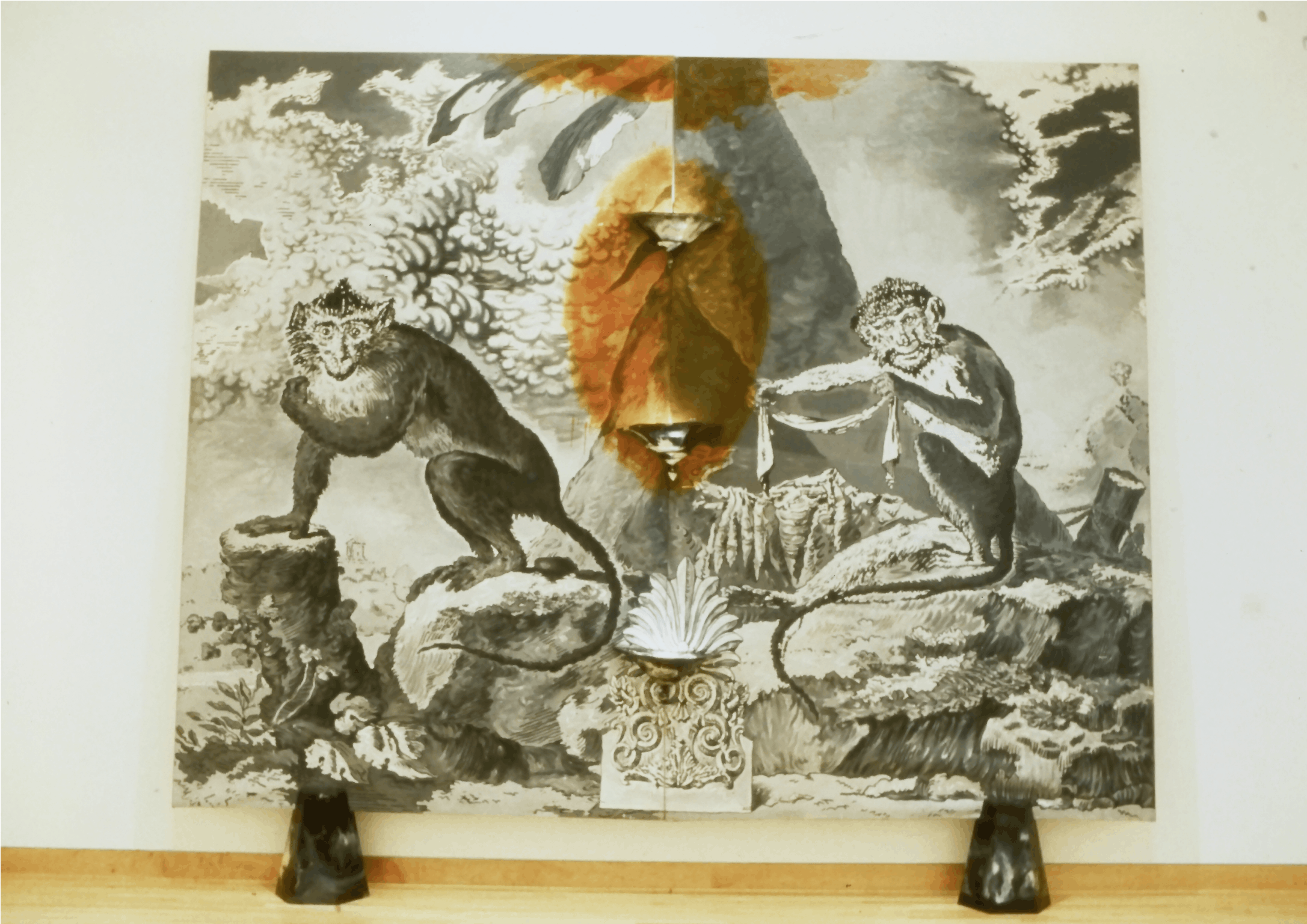 Arsen Savadov and Georgii Senchenko, Black Monkeys, 1991, oil on canvas, plastic lamp shades, and bases, 146x181
